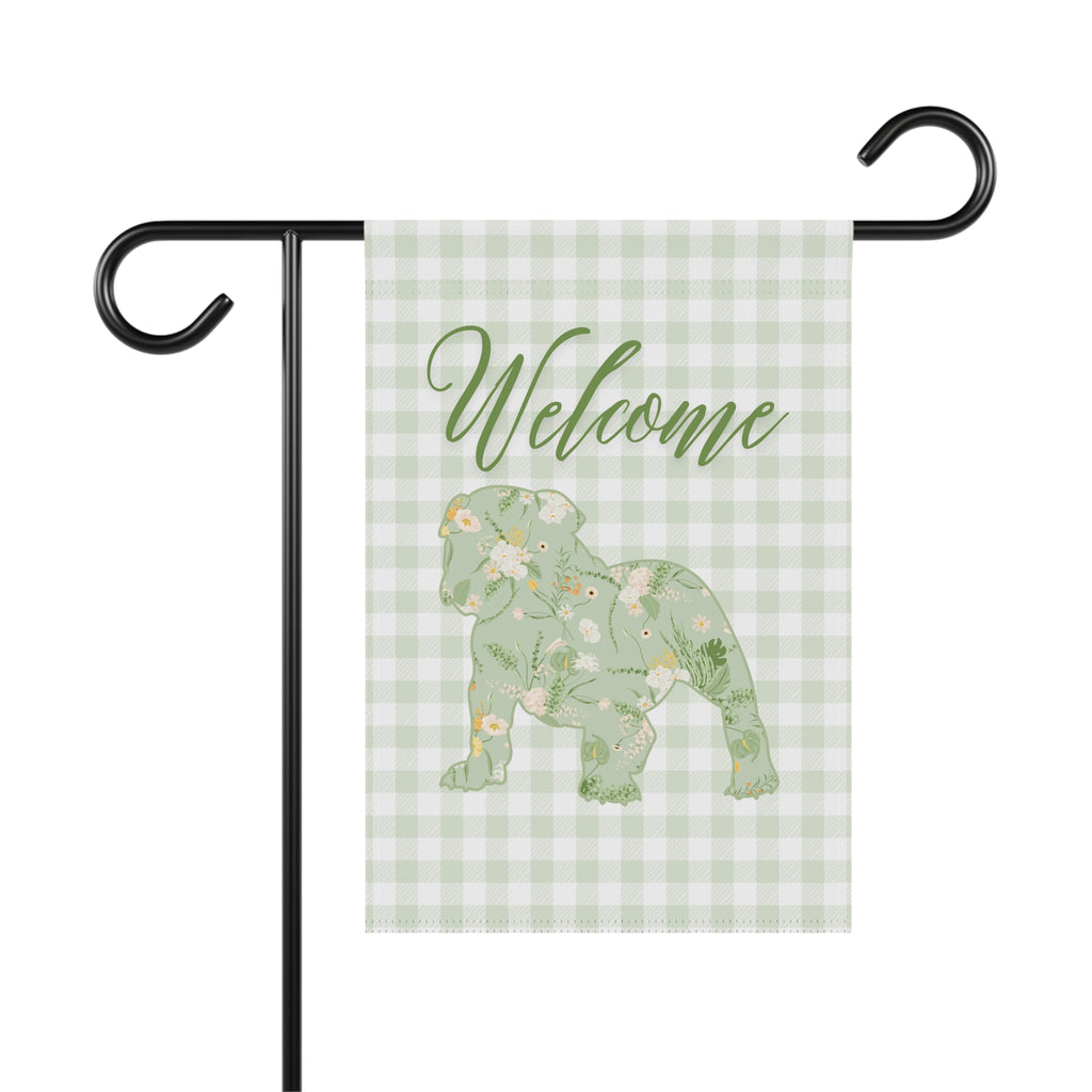 Green Gingham Bulldog Welcome Garden Banner, Floral Pet Décor, Outdoor Sign, Housewarming Gift