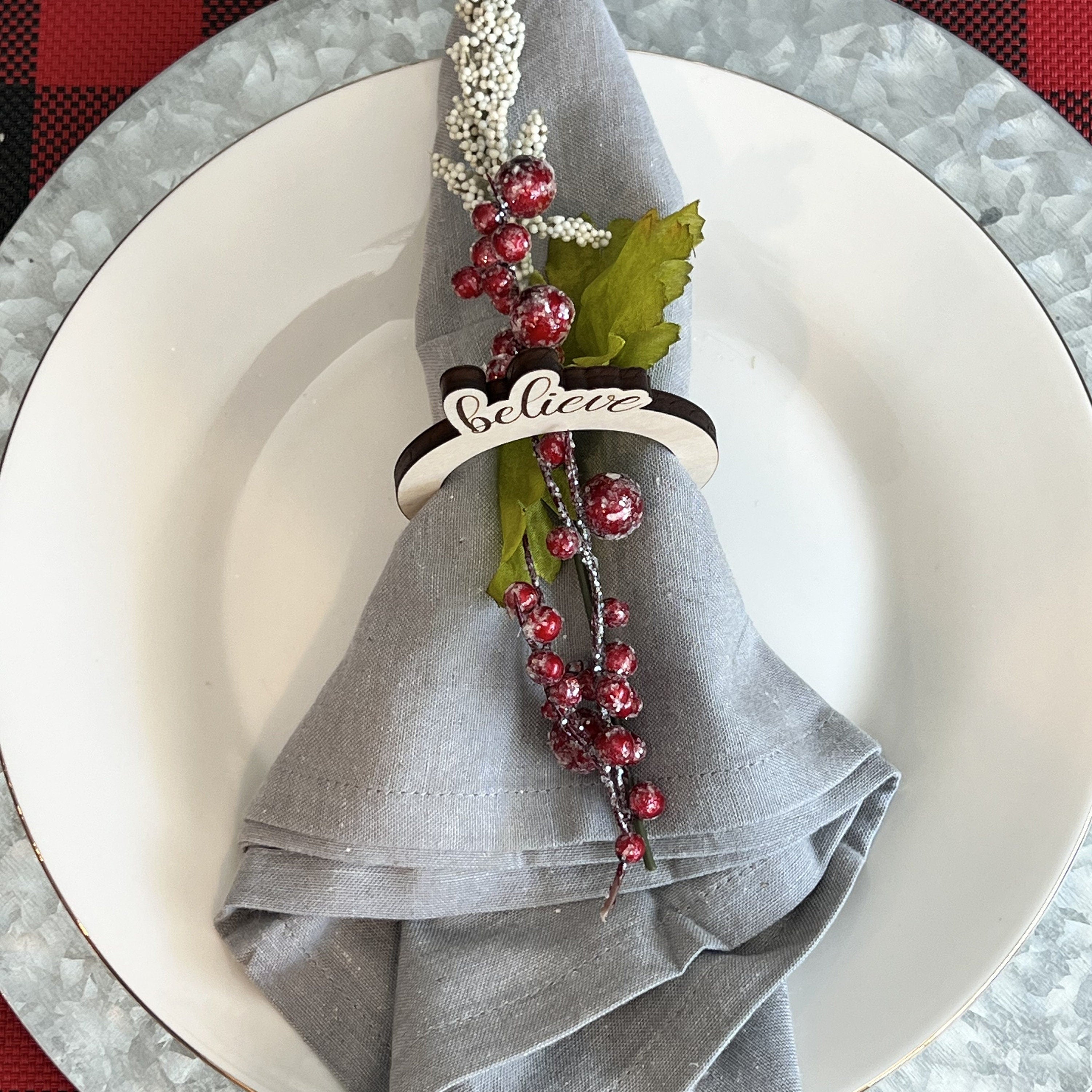 Set of 4 Wooden Christmas Napkin Ring Holders - Merry, Believe, Jolly, Joyful