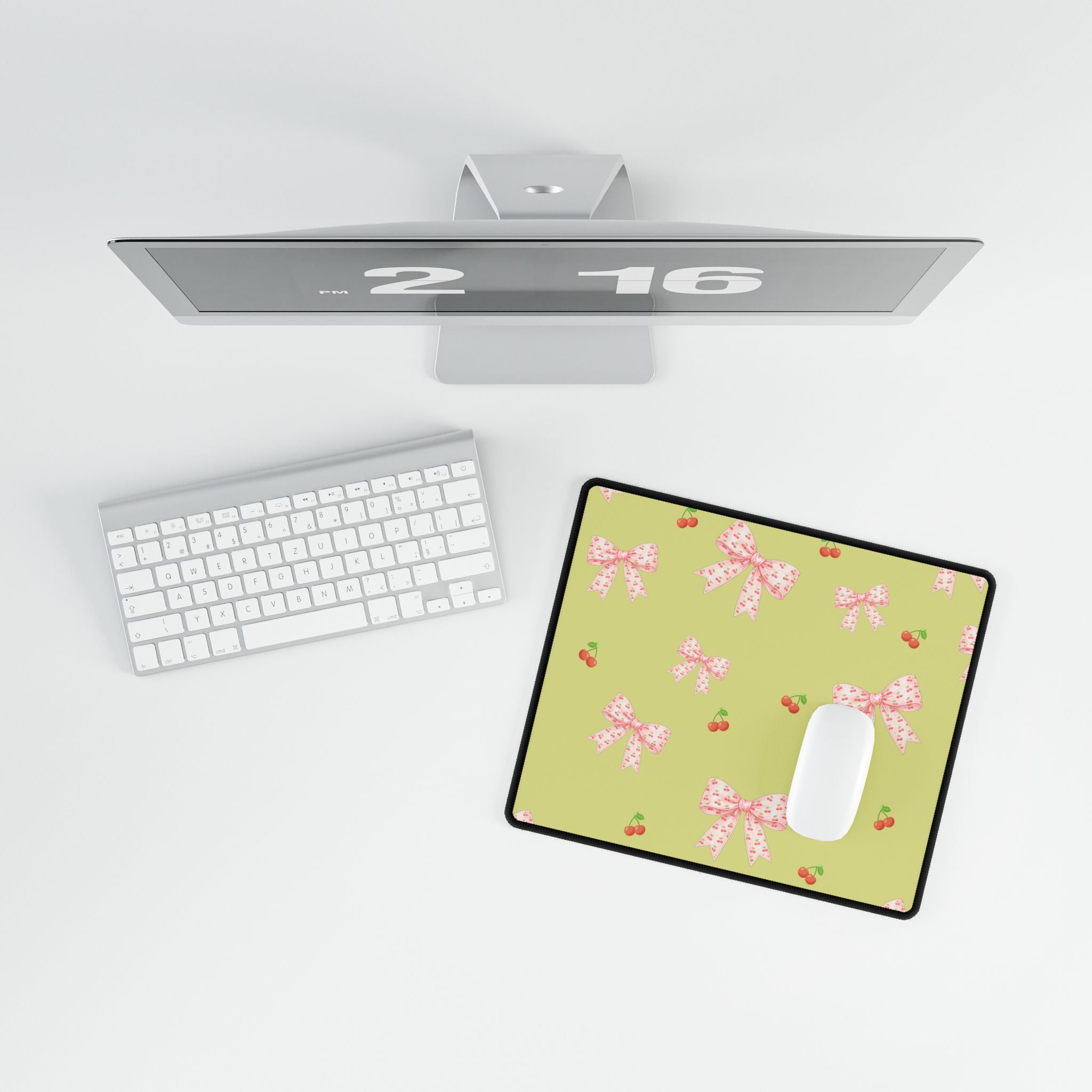 Cherries and Bows on Green Desk Mats and Mouse pads, Office Decor, Birthday Gifts, Home Workspace