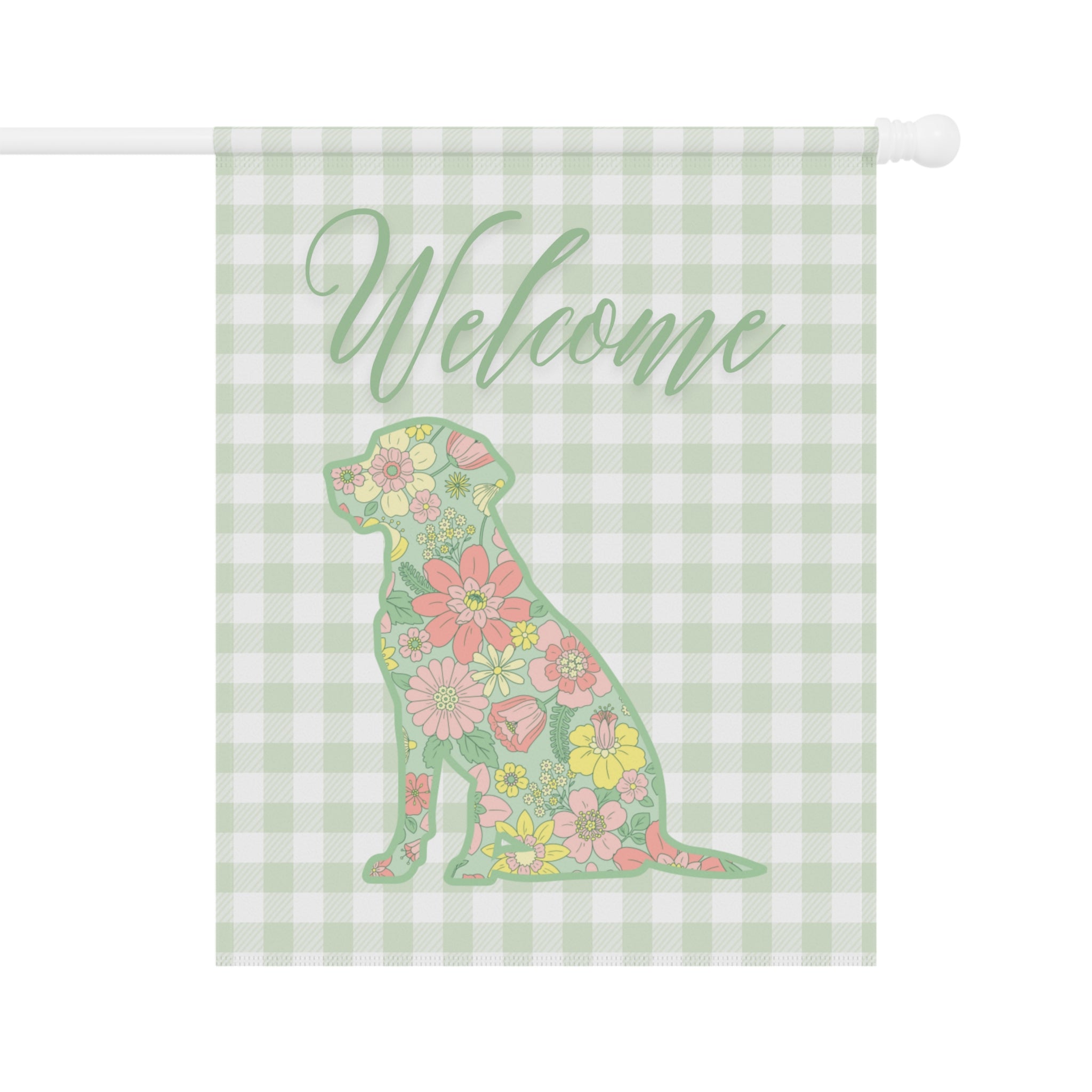 Green Gingham Labrador Retriever Welcome Garden Banner, Floral Pet Décor, Outdoor Sign, Housewarming Gift