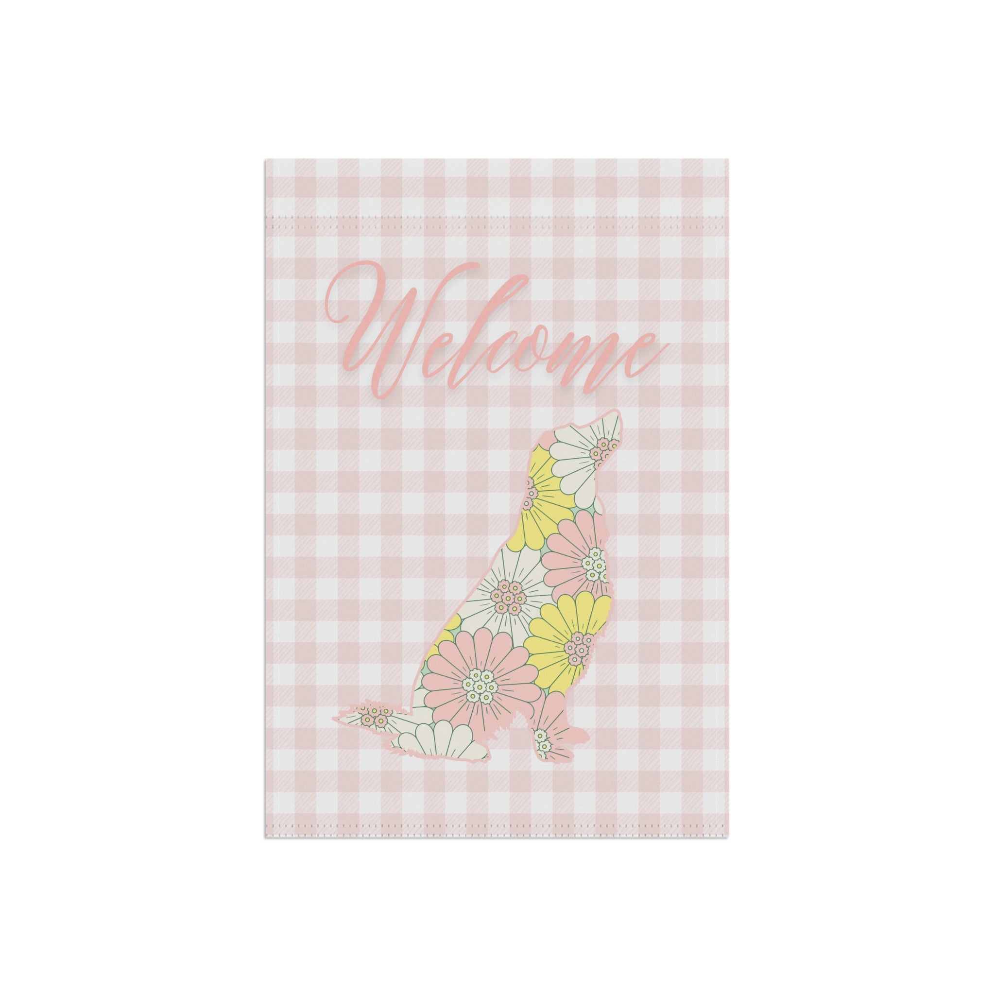 Pink Gingham Golden Retriever Welcome Garden Banner, Floral Pet Décor, Outdoor Sign, Housewarming Gift
