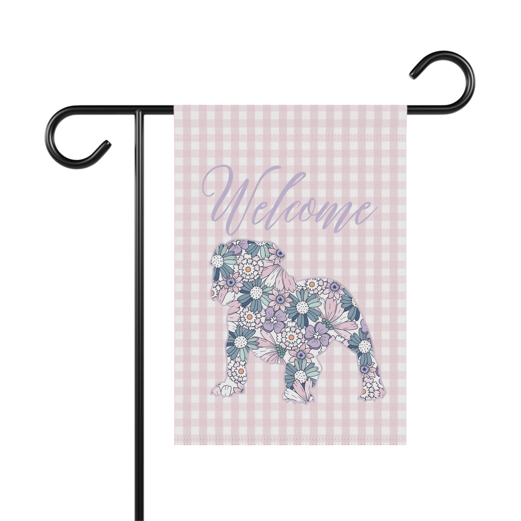 Purple Gingham Bulldog Welcome Garden Banner, Floral Pet Décor, Outdoor Sign, Housewarming Gift