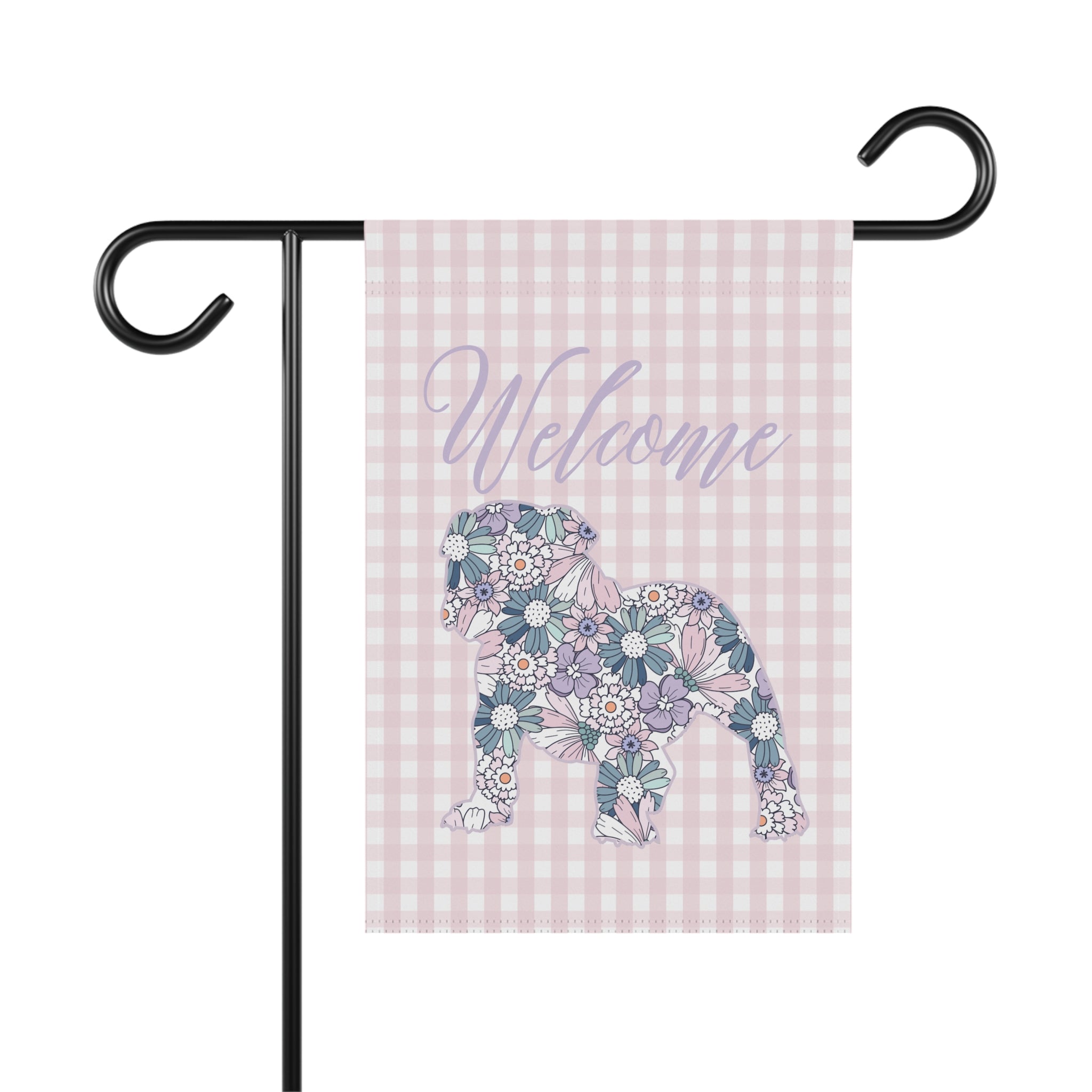 Purple Gingham Bulldog Welcome Garden Banner, Floral Pet Décor, Outdoor Sign, Housewarming Gift
