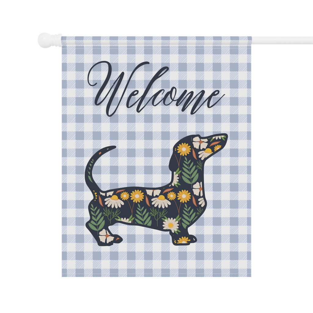 Blue Gingham Dachshund Welcome Garden Banner, Floral Pet Décor, Outdoor Sign, Housewarming Gift
