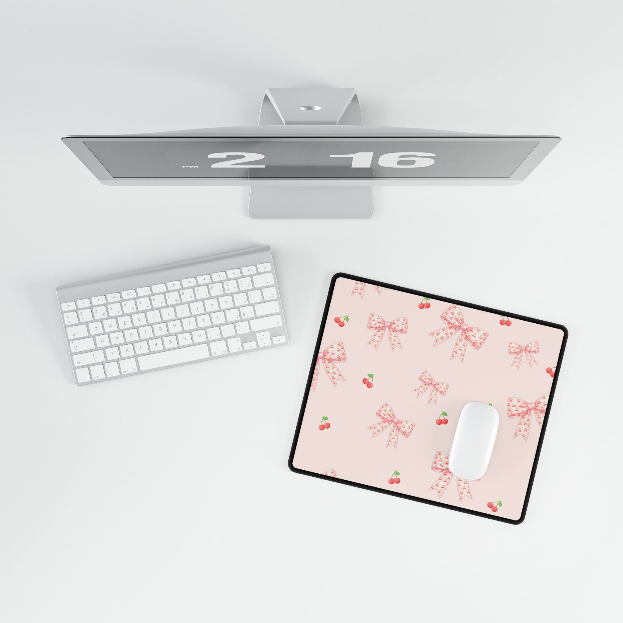 Cherries and Bows On Pink Desk Mats and Mouse pads, Office Decor, Birthday Gifts, Home Workspace