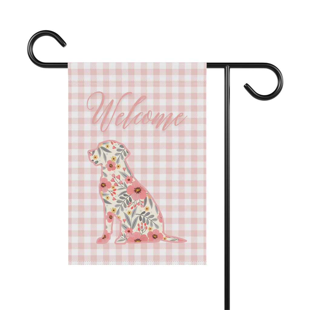Pink Gingham Labrador Retriever Welcome Garden Banner, Floral Pet Décor, Outdoor Sign, Housewarming Gift