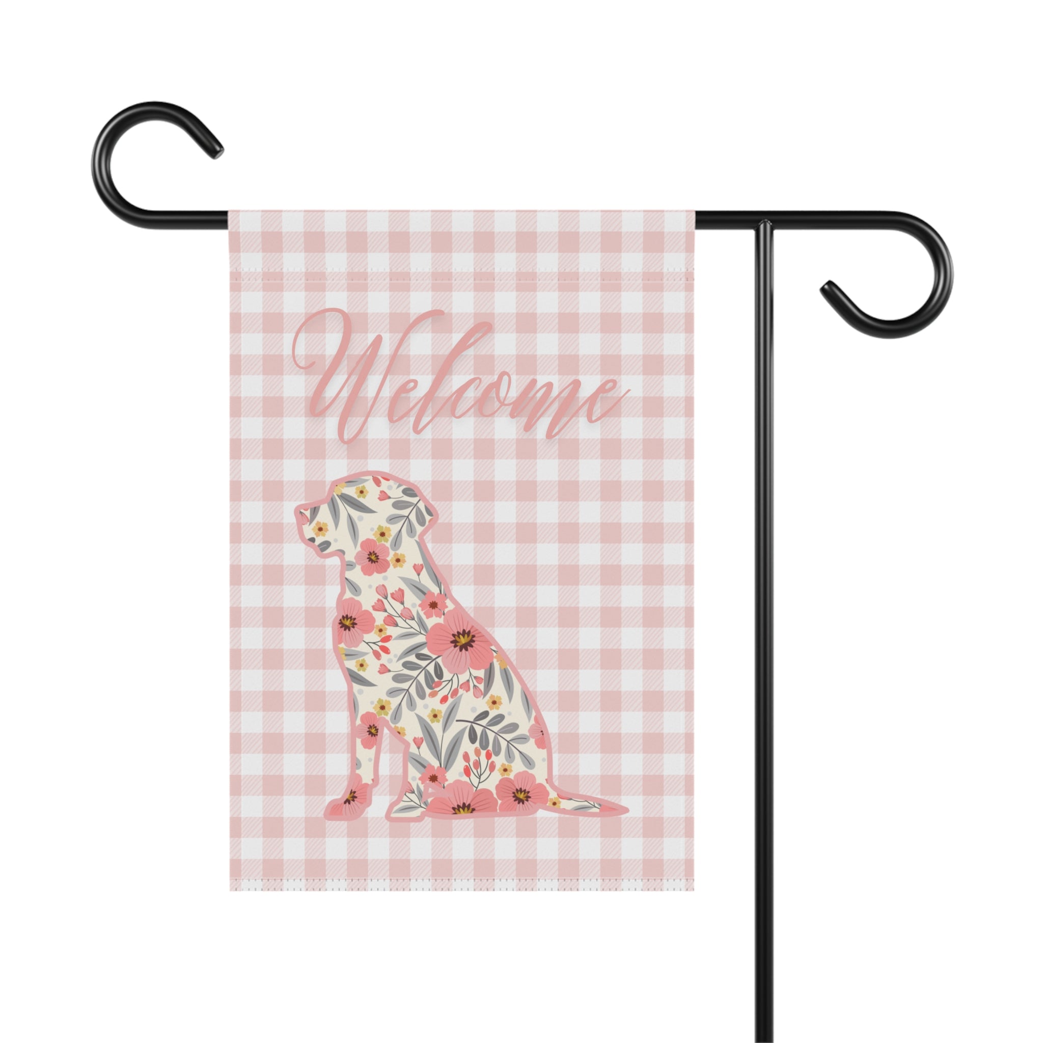 Pink Gingham Labrador Retriever Welcome Garden Banner, Floral Pet Décor, Outdoor Sign, Housewarming Gift