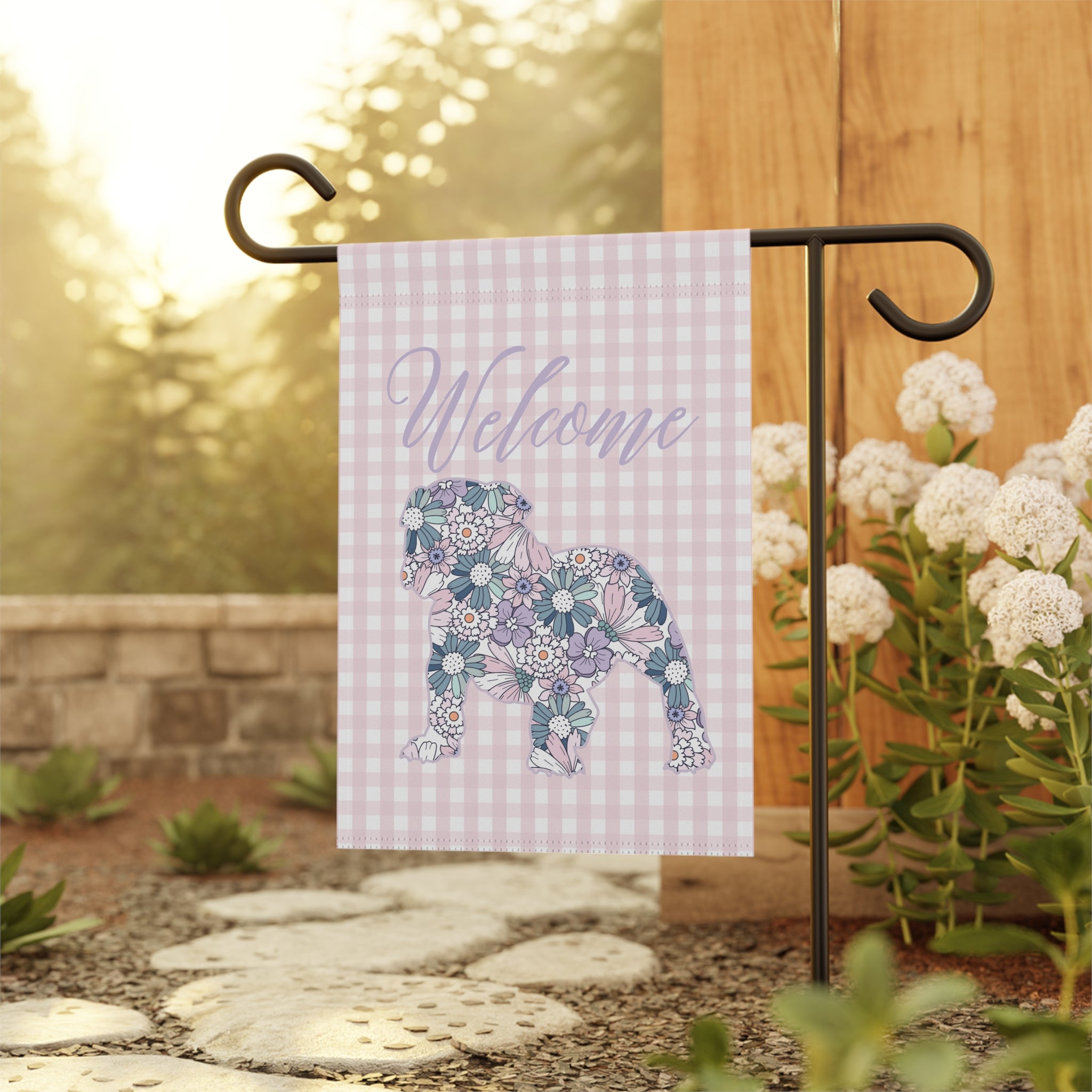 Purple Gingham Bulldog Welcome Garden Banner, Floral Pet Décor, Outdoor Sign, Housewarming Gift