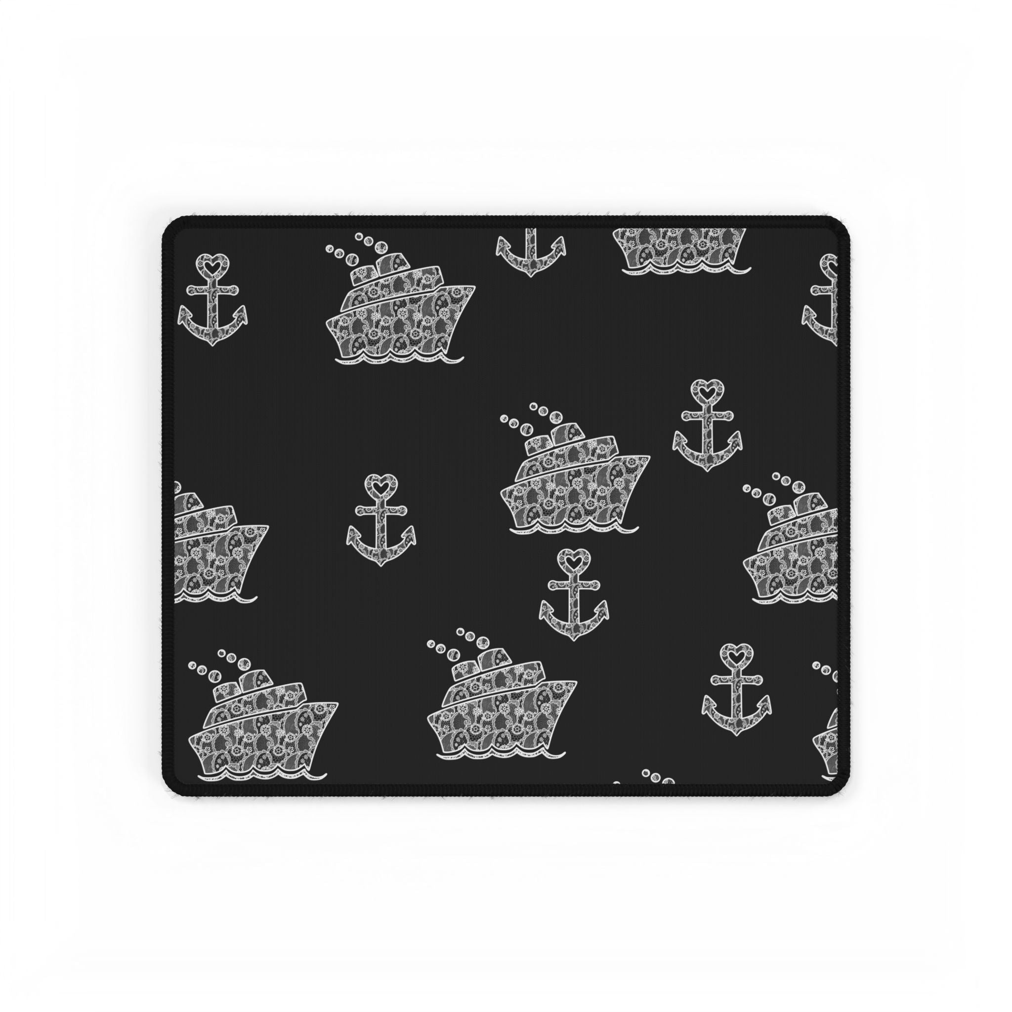 Black Cruise Ship Desk Mats and Mouse pads with White Lace Anchors and Ships, Office Decor, Cruise Gifts, Home Workspace