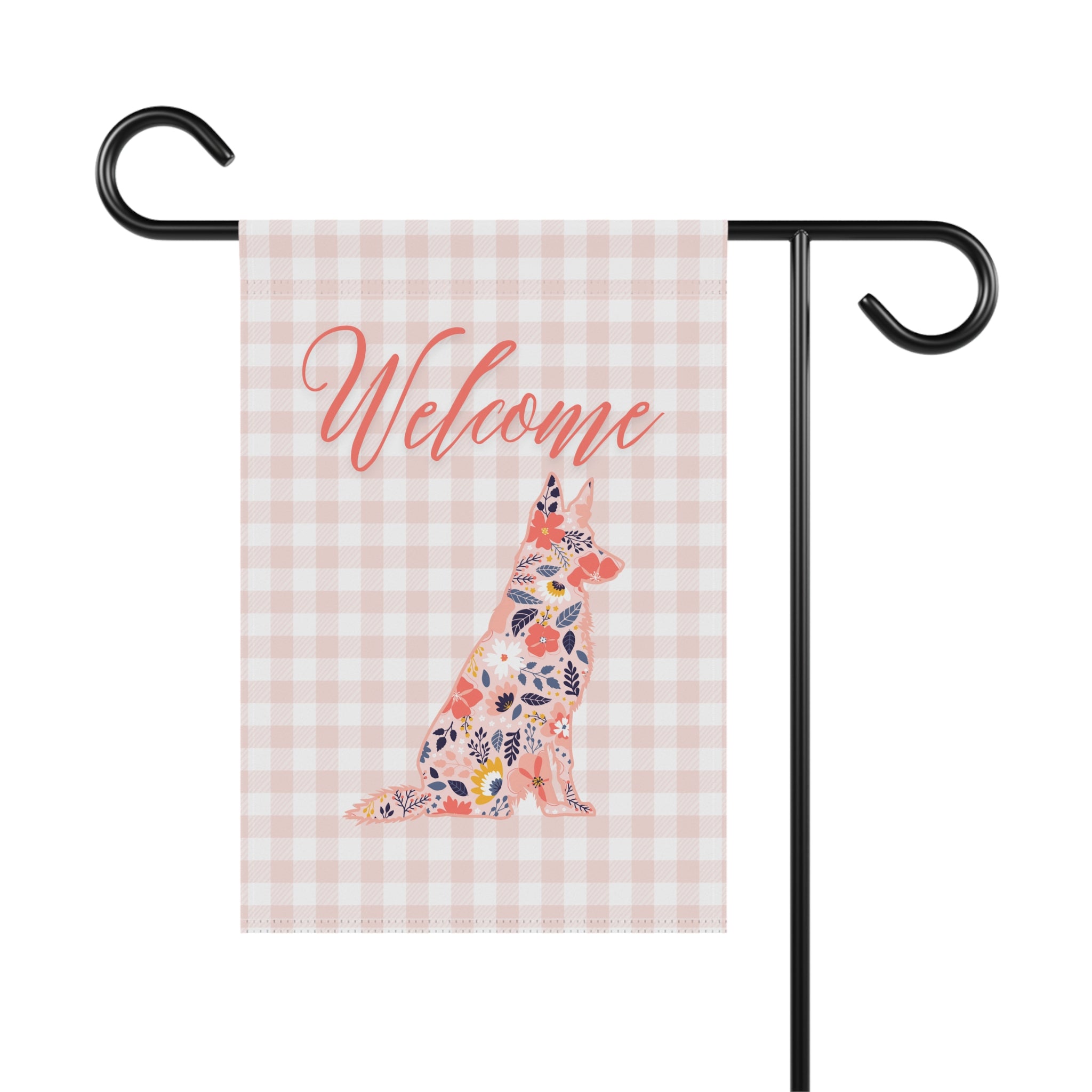 Pink Gingham German Shepherd Welcome Garden Banner, Floral Pet Décor, Outdoor Sign, Housewarming Gift