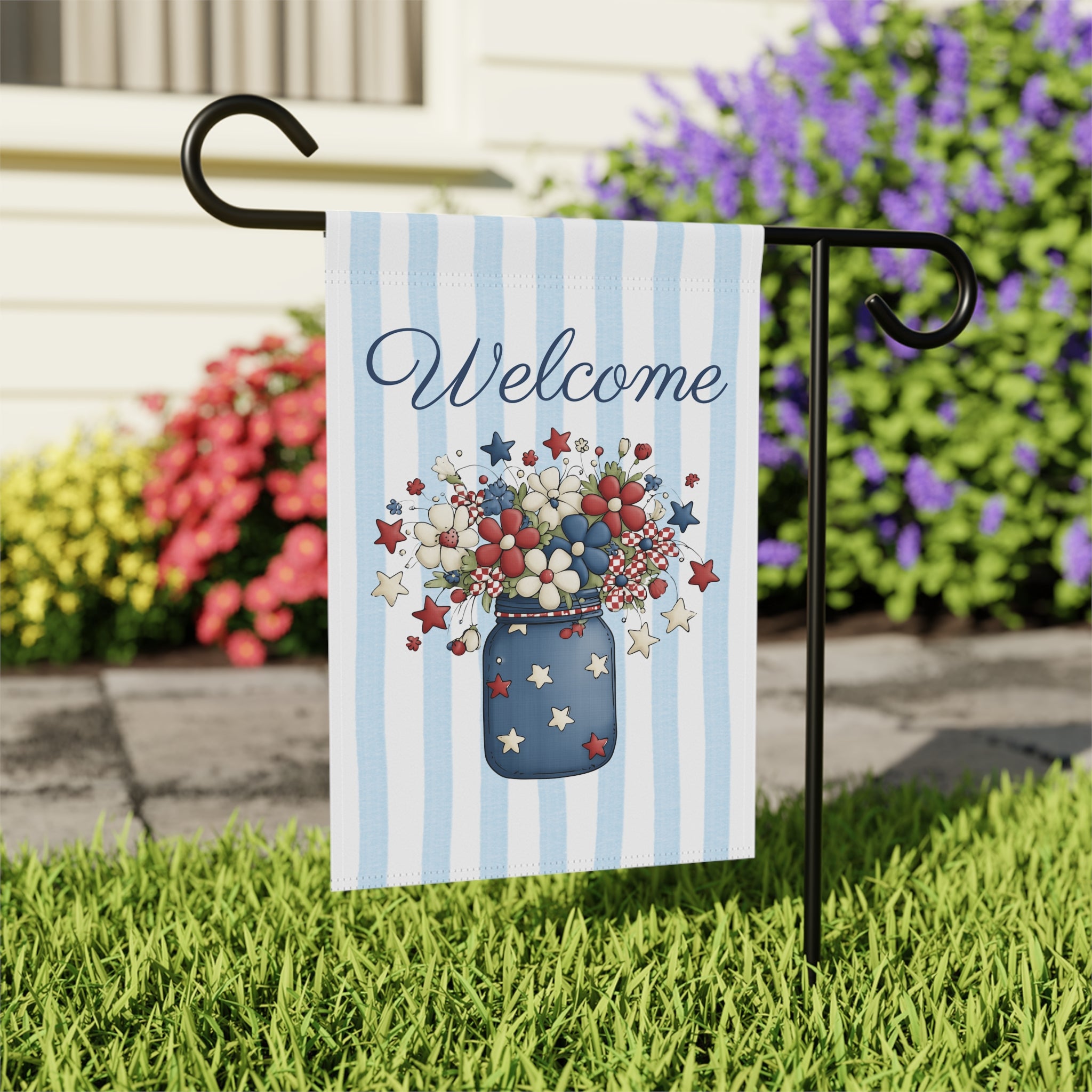 Patriotic Floral Welcome Garden Banner, Floral Décor, Outdoor Flag, Housewarming Gift