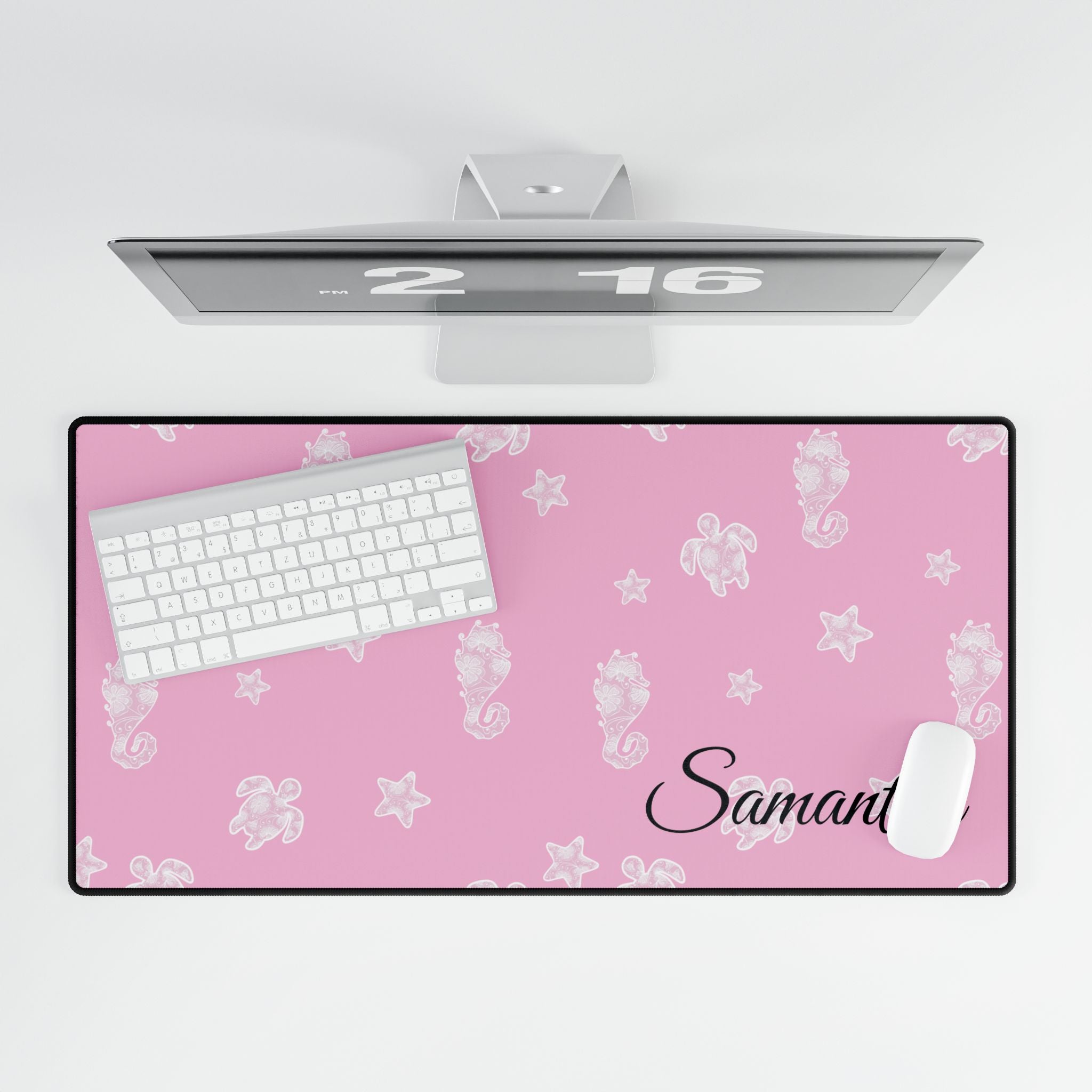 Pink Ocean Desk Mats and Mouse pads with Lace Seahorses and Turtles, Office Decor, Christmas Gifts, Home Workspace