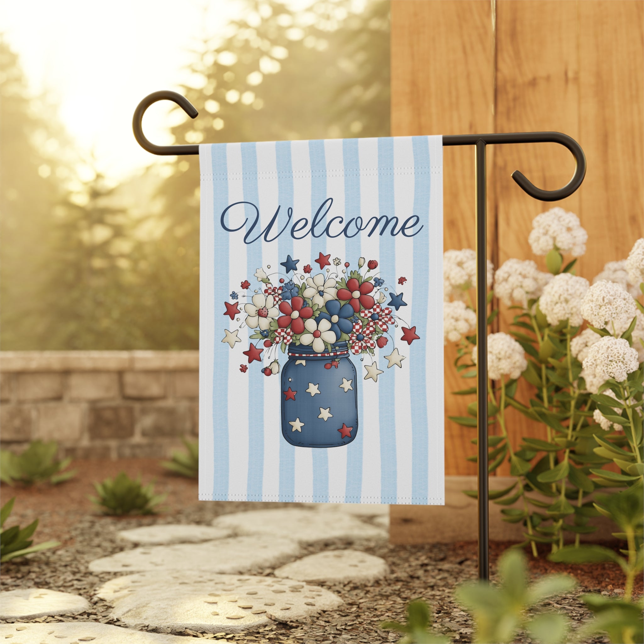 Patriotic Floral Welcome Garden Banner, Floral Décor, Outdoor Flag, Housewarming Gift