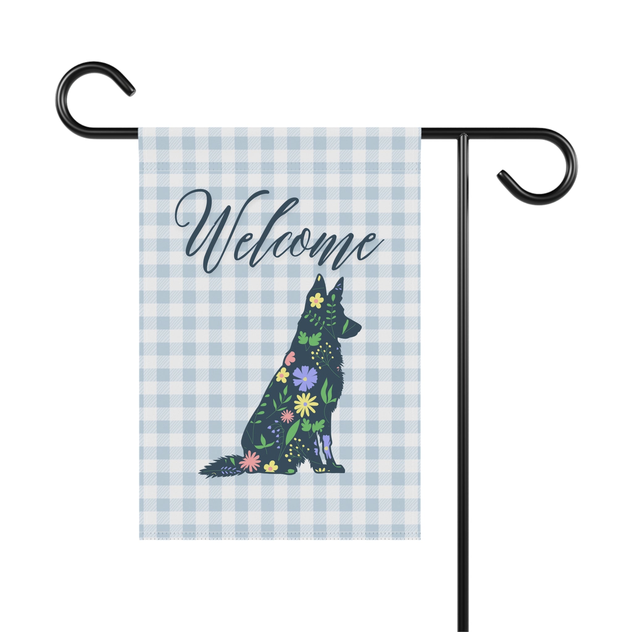 Blue Gingham German Shepherd Welcome Garden Banner, Floral Pet Décor, Outdoor Sign, Housewarming Gift
