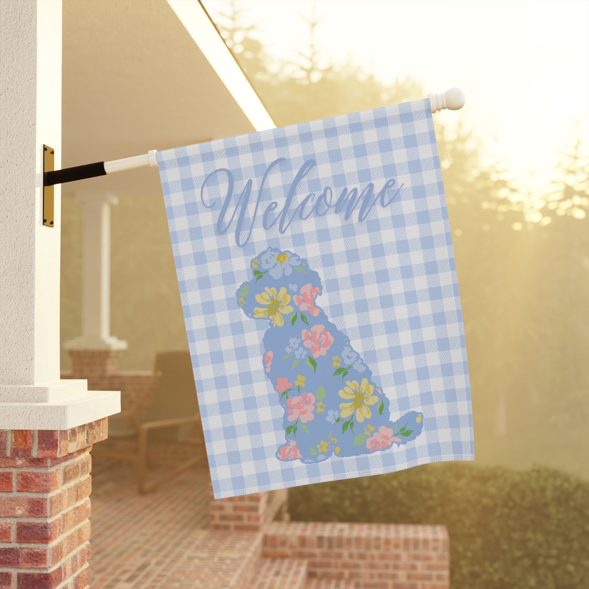 Blue Gingham Labradoodle Welcome Garden Banner, Floral Pet Décor, Outdoor Sign, Housewarming Gift