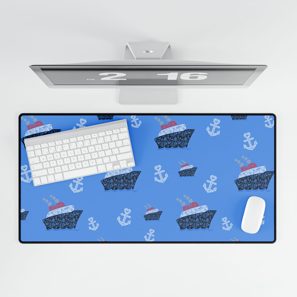 Blue Cruise Ship Desk Mats and Mouse pads with Lace Anchors and Ships, Office Decor, Cruise Gifts, Home Workspace