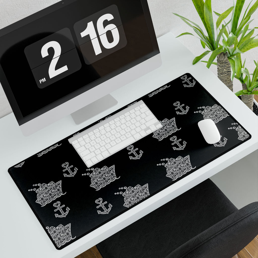 Black Cruise Ship Desk Mats and Mouse pads with White Lace Anchors and Ships, Office Decor, Cruise Gifts, Home Workspace