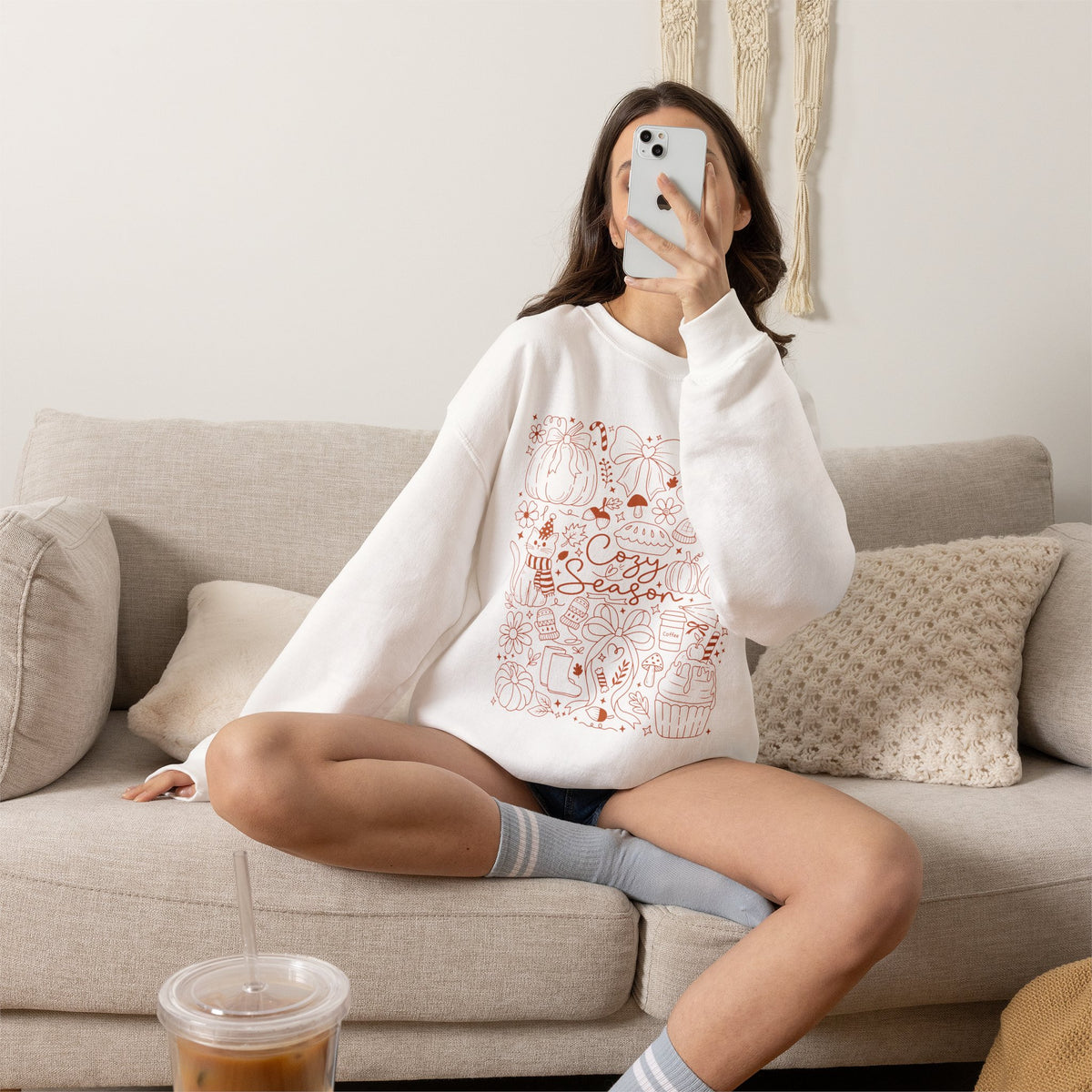 Cozy Season Crewneck Sweatshirt, Autumn Pumpkin & Leaves Fall Design