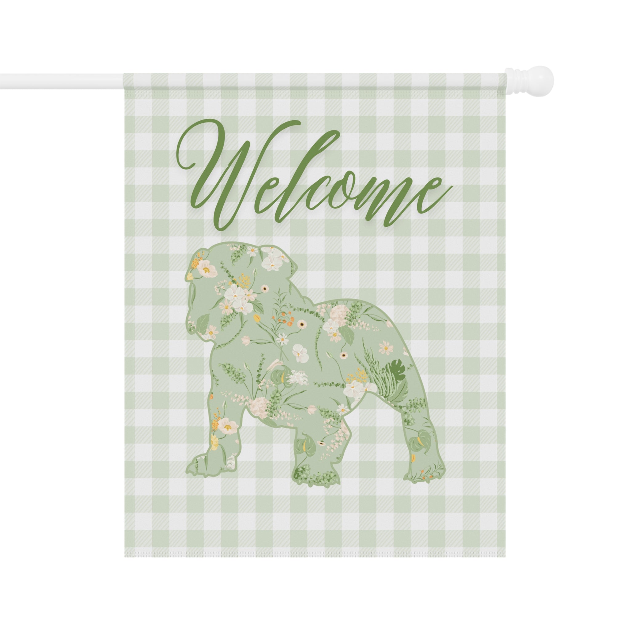 Green Gingham Bulldog Welcome Garden Banner, Floral Pet Décor, Outdoor Sign, Housewarming Gift