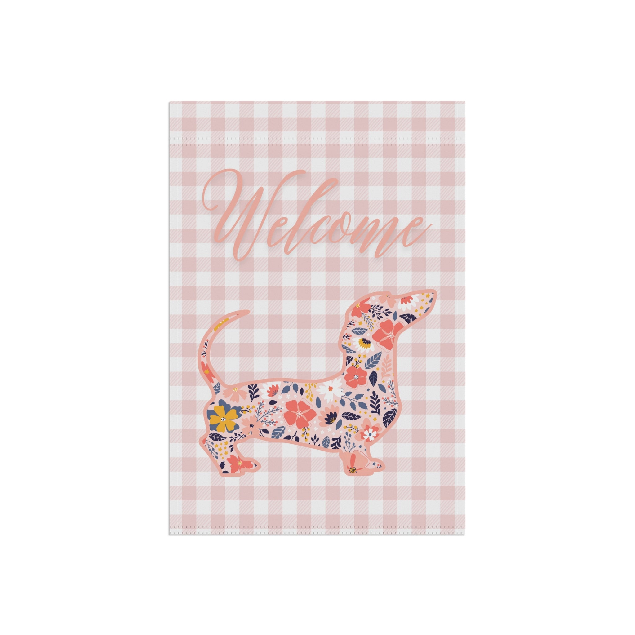 Pink Gingham Dachshund Welcome Garden Banner, Floral Pet Décor, Outdoor Sign, Housewarming Gift