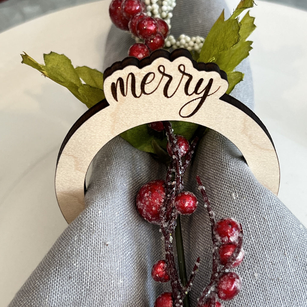 Set of 4 Wooden Christmas Napkin Ring Holders - Merry, Believe, Jolly, Joyful