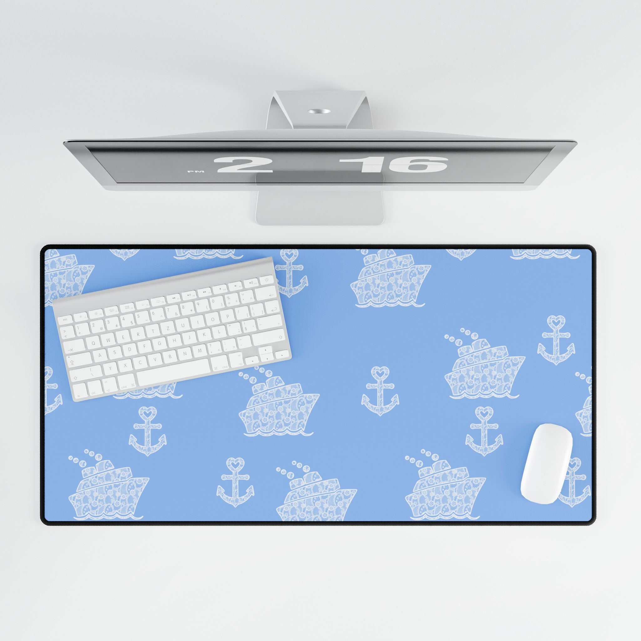 Baby Blue Cruise Ship Desk Mats and Mouse pads with White Lace Anchors and Ships, Office Decor, Cruise Gifts, Home Workspace