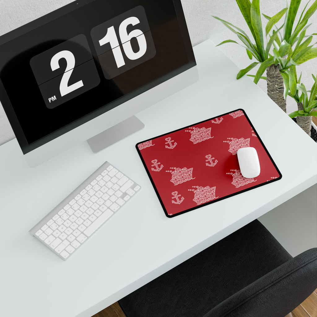 Red Cruise Ship Desk Mats and Mouse pads with White Lace Anchors and Ships, Office Decor, Cruise Gifts, Home Workspace