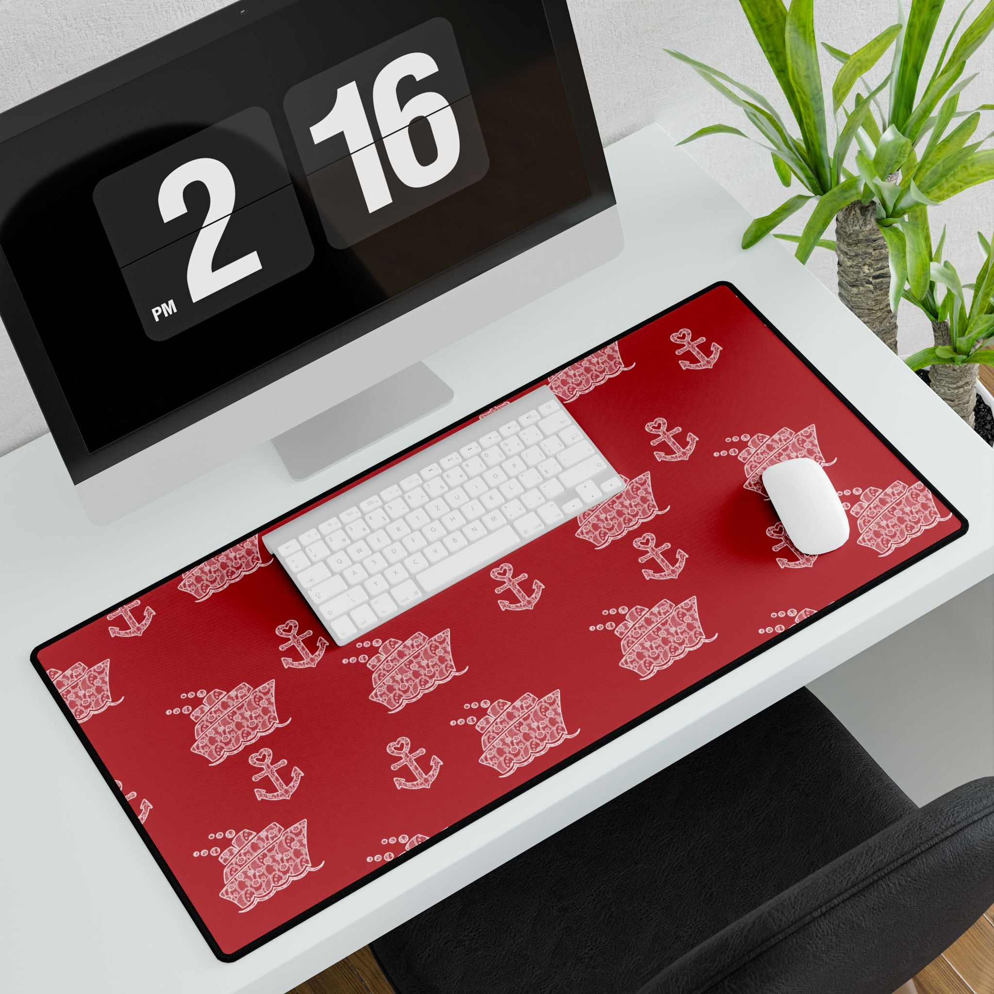 Red Cruise Ship Desk Mats and Mouse pads with White Lace Anchors and Ships, Office Decor, Cruise Gifts, Home Workspace