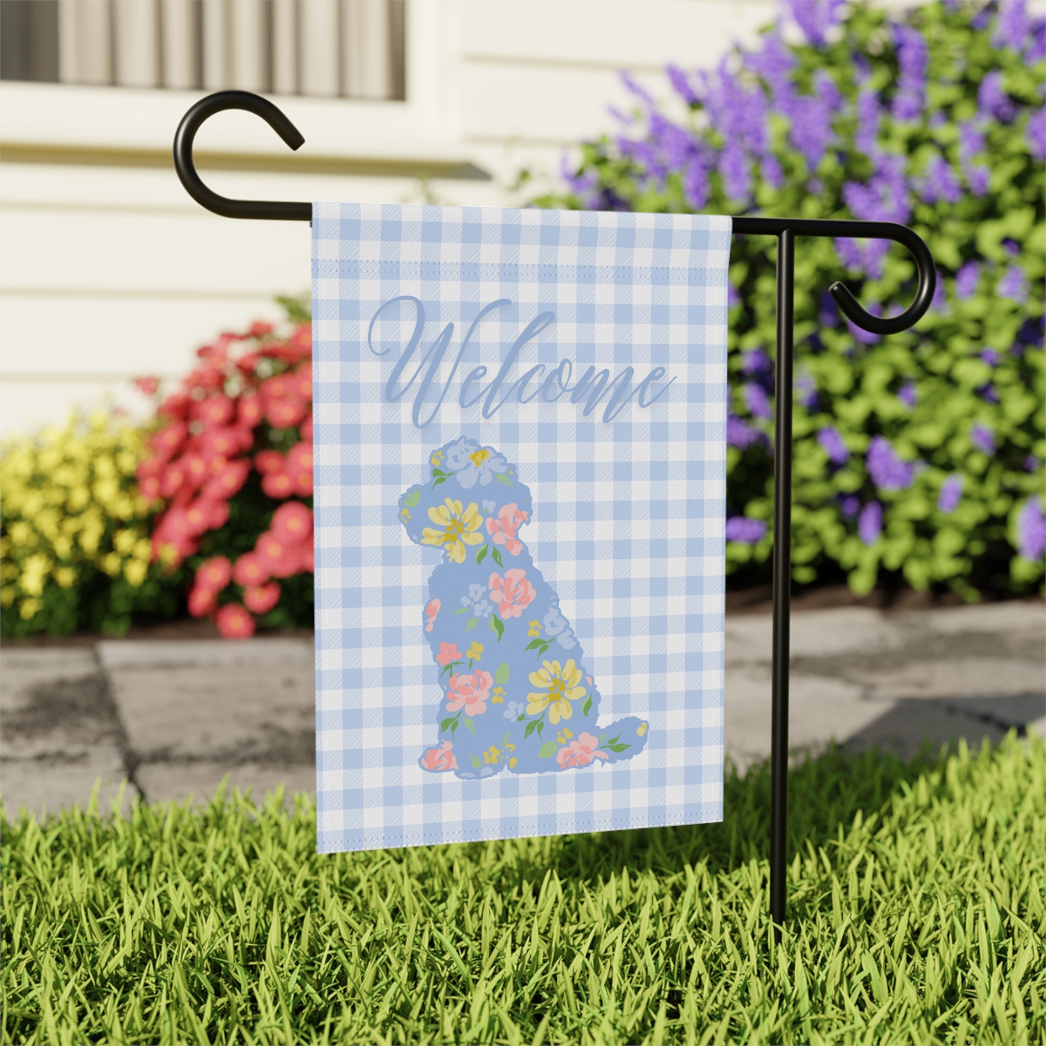 Blue Gingham Labradoodle Welcome Garden Banner, Floral Pet Décor, Outdoor Sign, Housewarming Gift