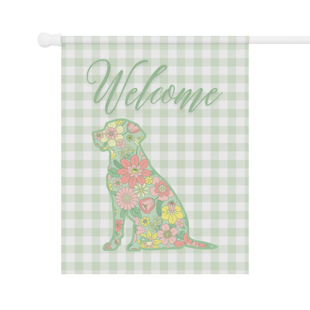 Green Gingham Labrador Retriever Welcome Garden Banner, Floral Pet Décor, Outdoor Sign, Housewarming Gift