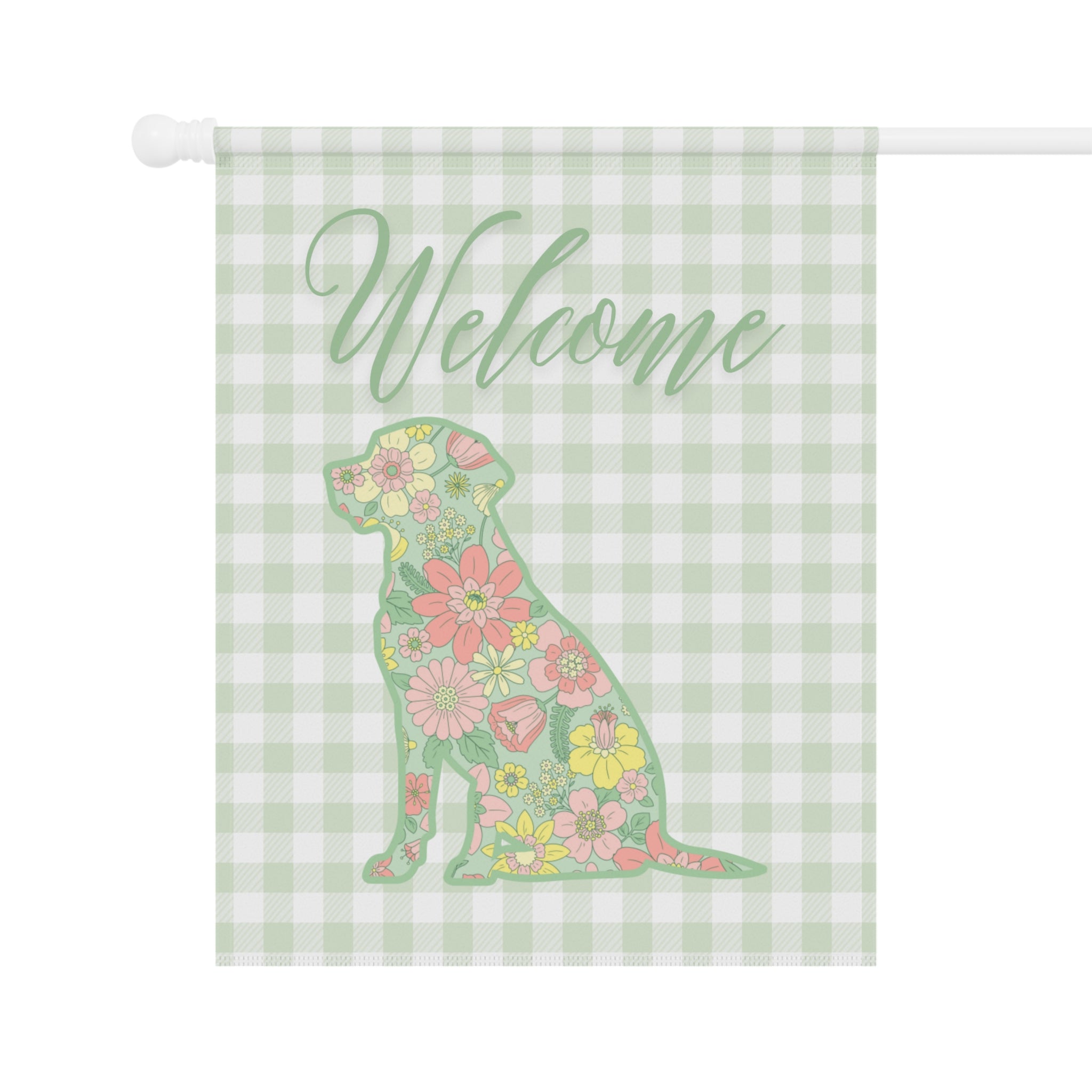 Green Gingham Labrador Retriever Welcome Garden Banner, Floral Pet Décor, Outdoor Sign, Housewarming Gift