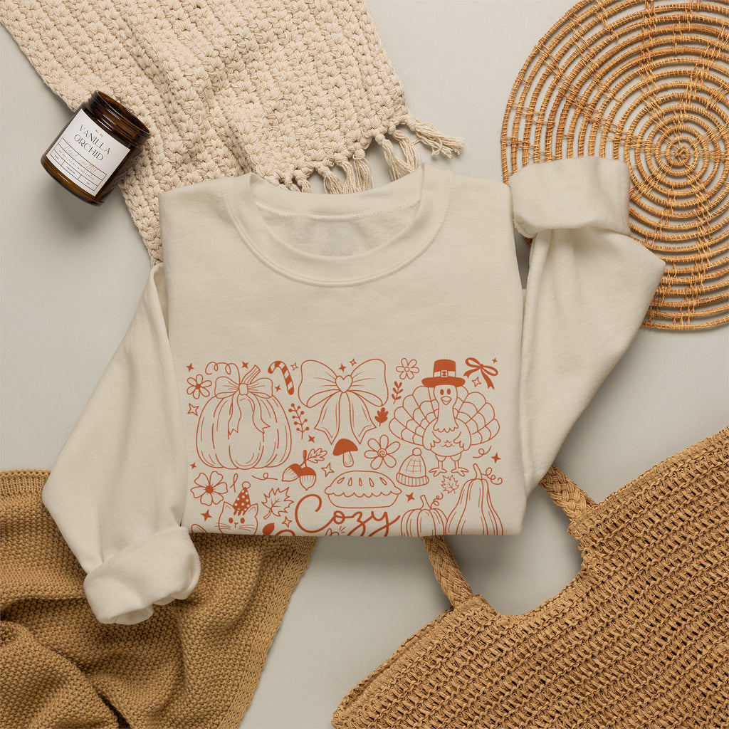 Cozy Season Crewneck Sweatshirt, Autumn Pumpkin & Leaves Fall Design
