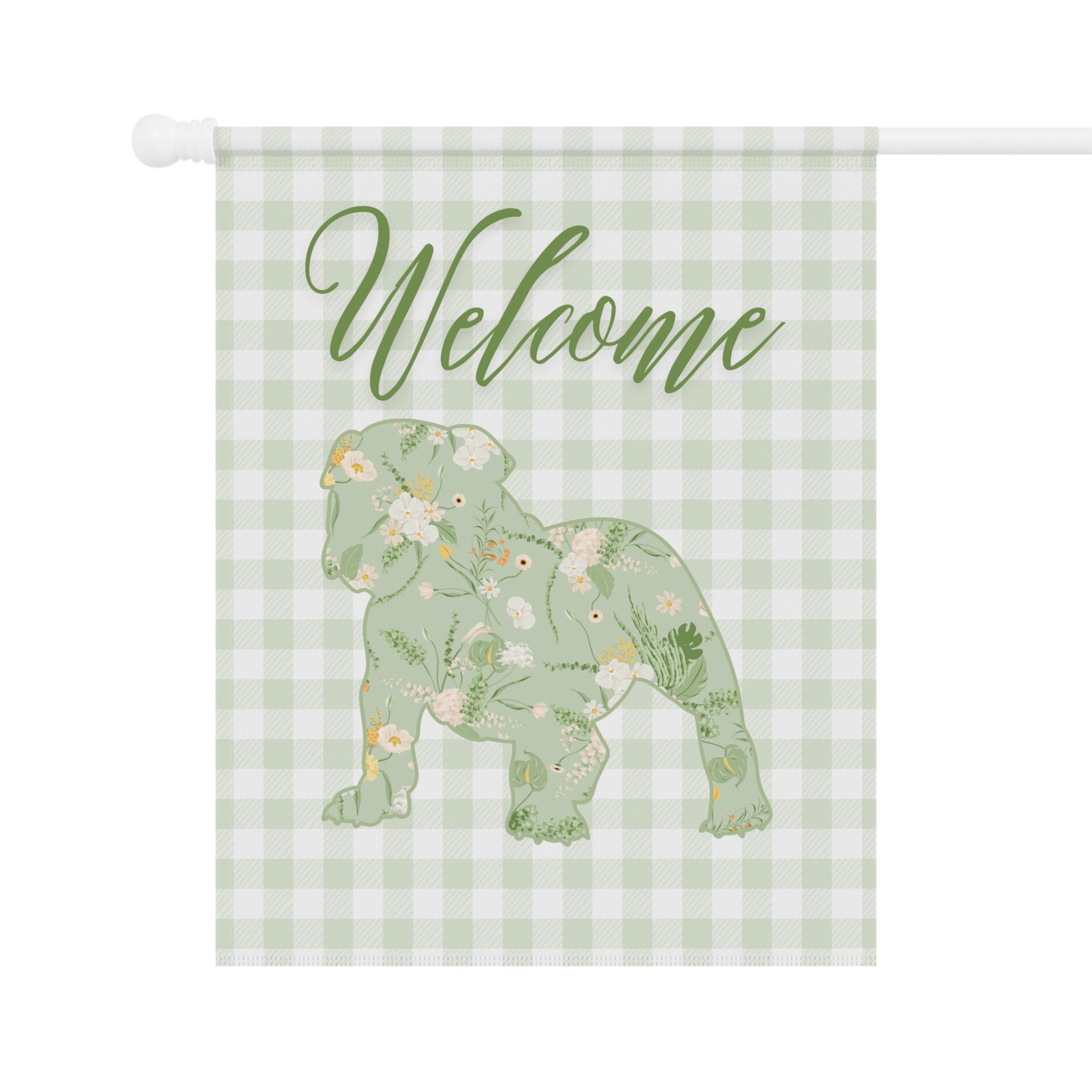 Green Gingham Bulldog Welcome Garden Banner, Floral Pet Décor, Outdoor Sign, Housewarming Gift