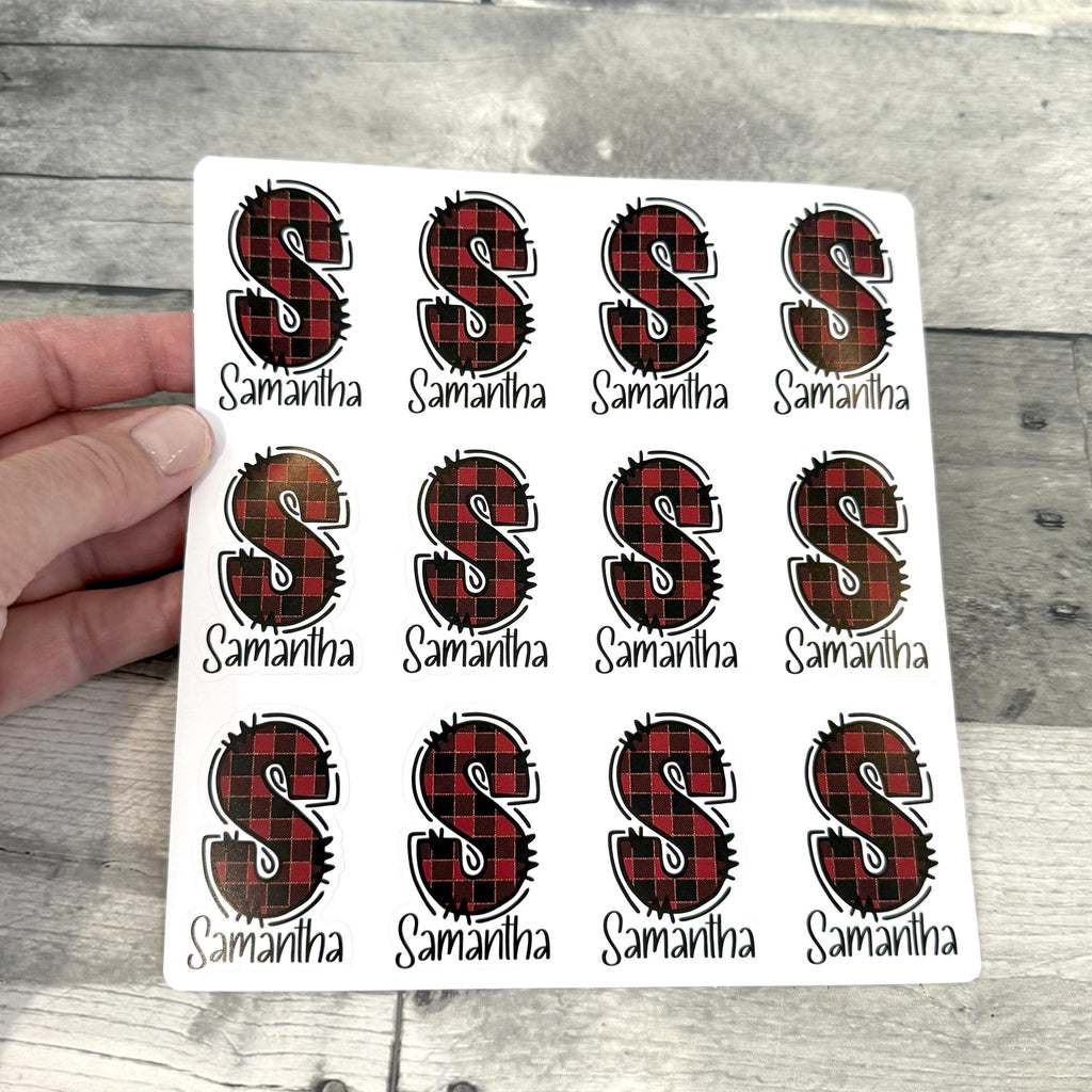 Custom Name and Monogram Buffalo Plaid Stickers (set of 12)