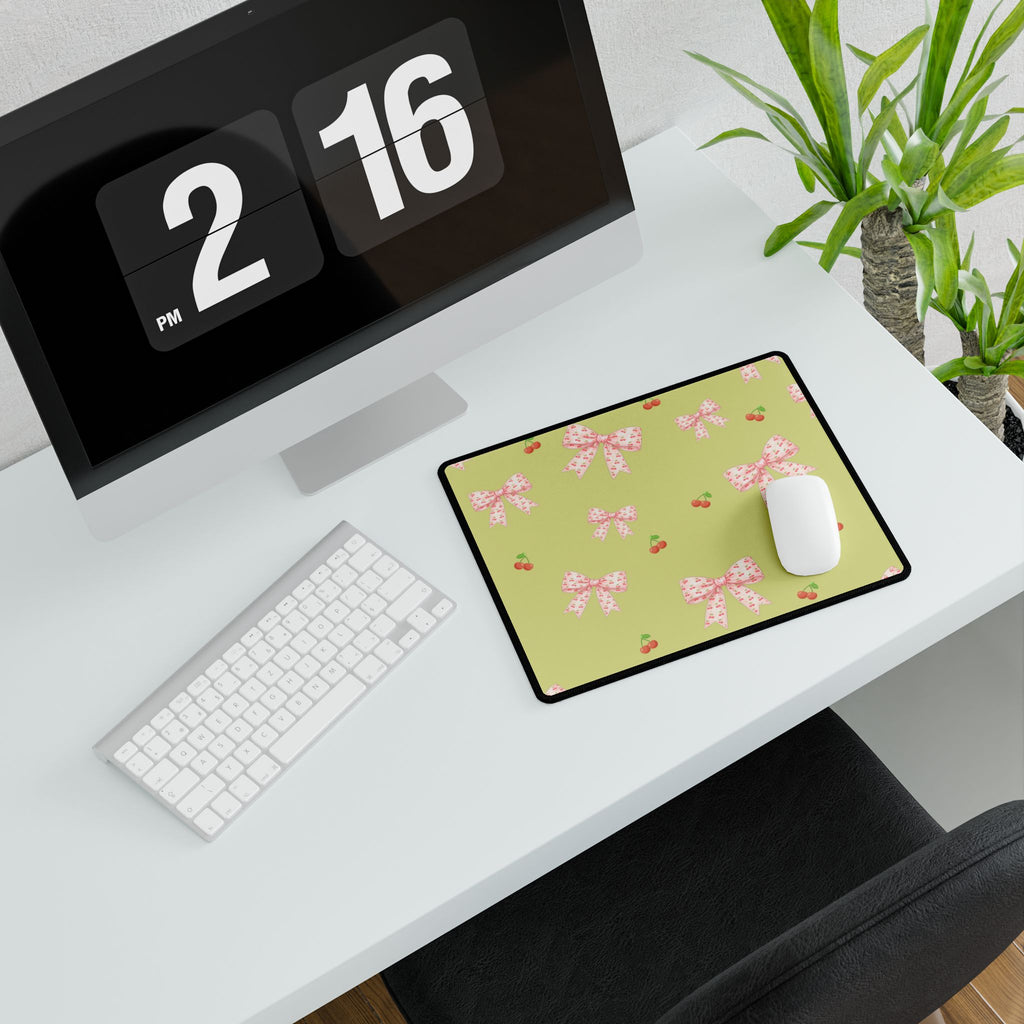 Cherries and Bows on Green Desk Mats and Mouse pads, Office Decor, Birthday Gifts, Home Workspace