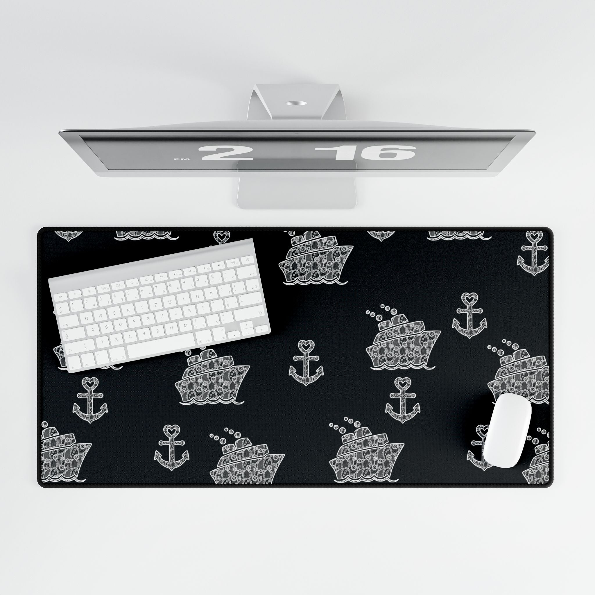 Black Cruise Ship Desk Mats and Mouse pads with White Lace Anchors and Ships, Office Decor, Cruise Gifts, Home Workspace