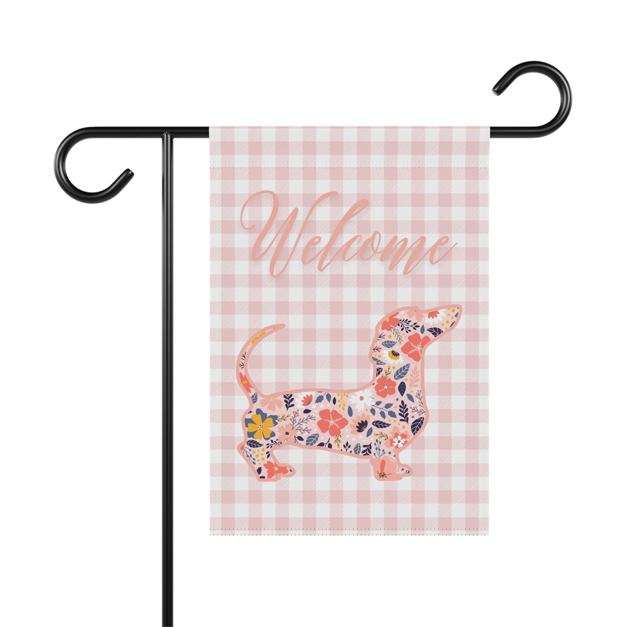 Pink Gingham Dachshund Welcome Garden Banner, Floral Pet Décor, Outdoor Sign, Housewarming Gift