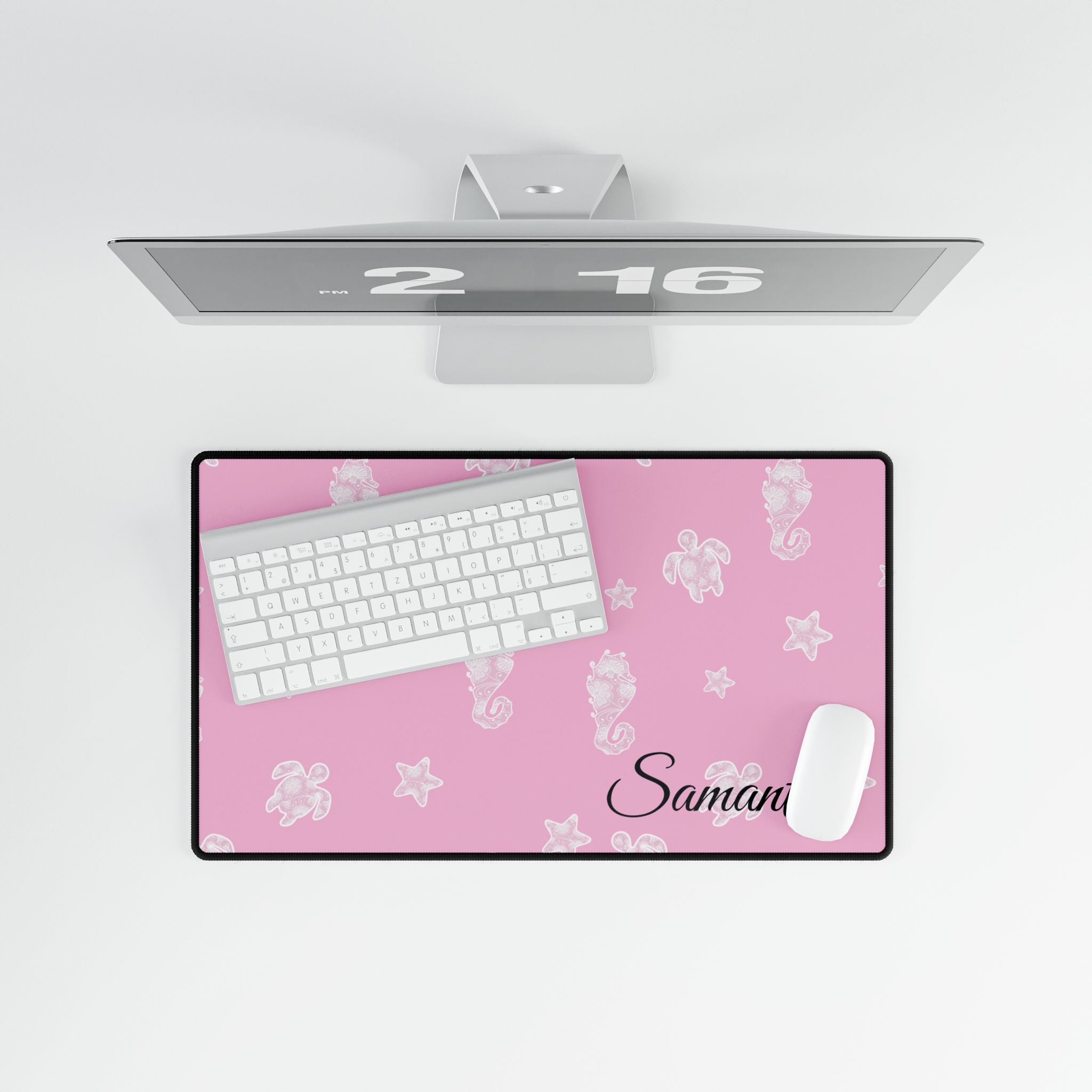 Pink Ocean Desk Mats and Mouse pads with Lace Seahorses and Turtles, Office Decor, Christmas Gifts, Home Workspace