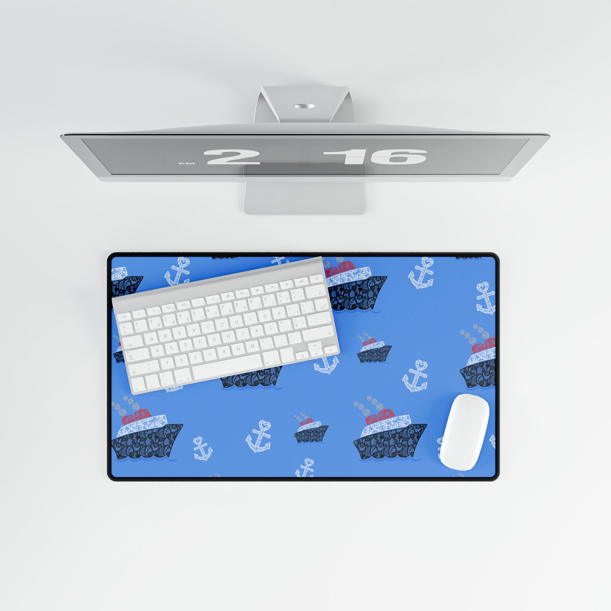 Blue Cruise Ship Desk Mats and Mouse pads with Lace Anchors and Ships, Office Decor, Cruise Gifts, Home Workspace