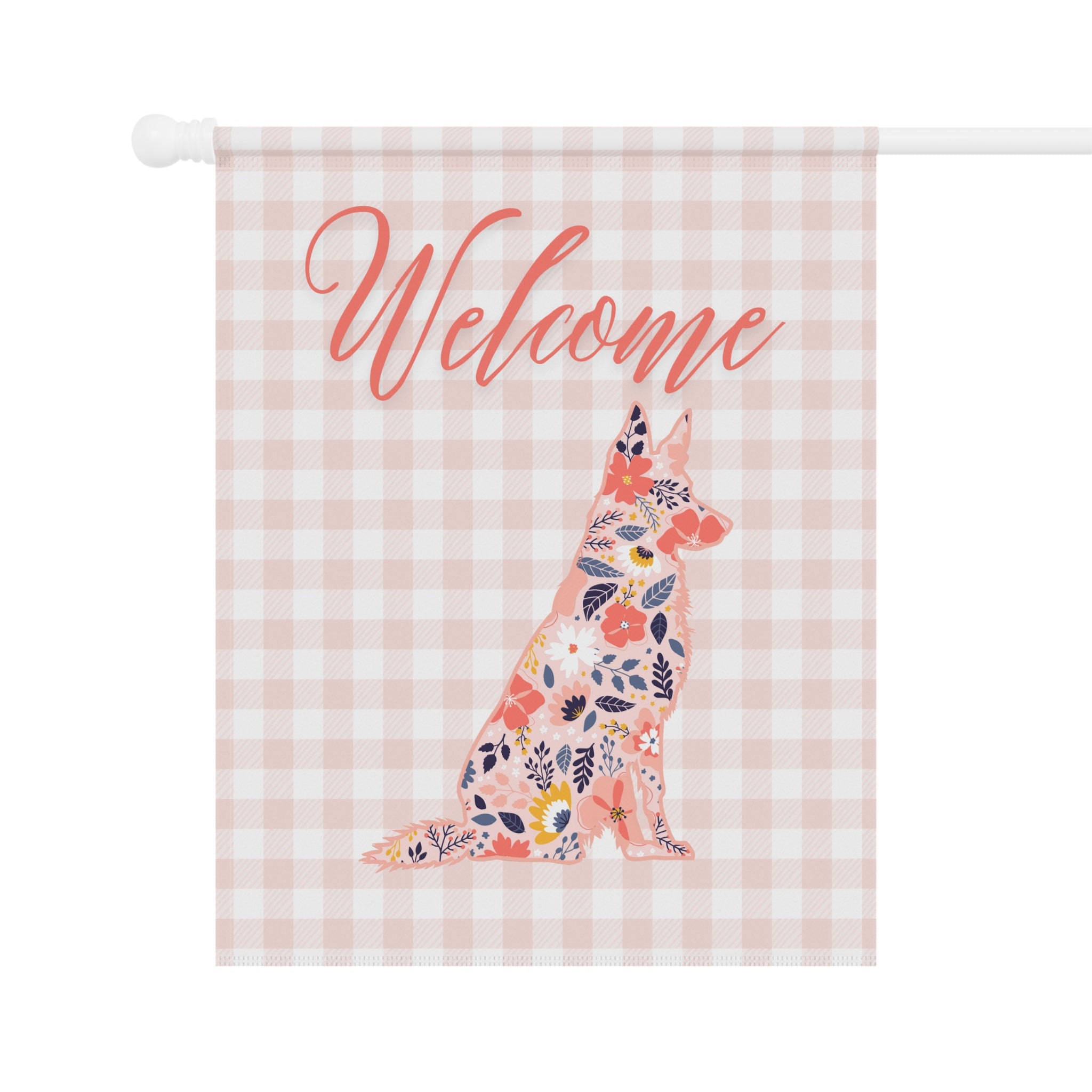 Pink Gingham German Shepherd Welcome Garden Banner, Floral Pet Décor, Outdoor Sign, Housewarming Gift
