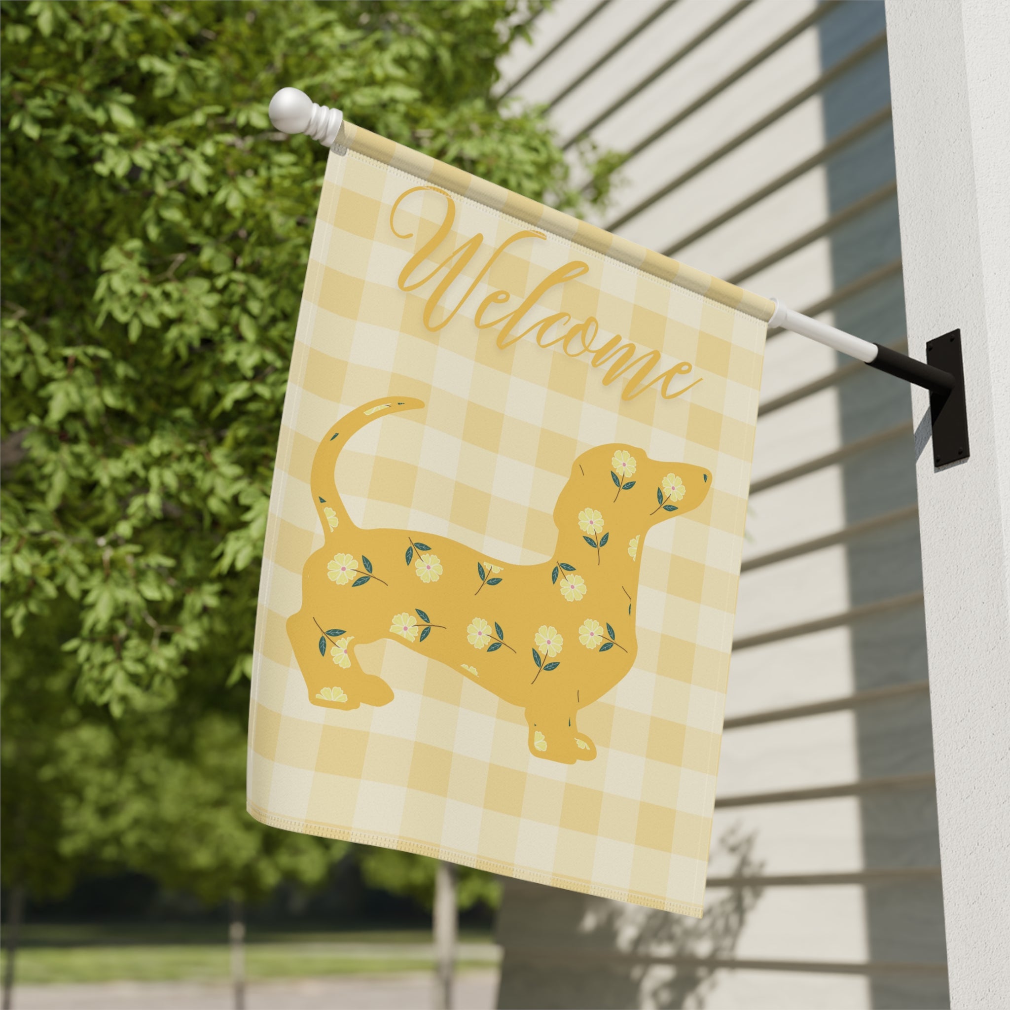 Yellow Gingham Dachshund Welcome Garden Banner, Floral Pet Décor, Outdoor Sign, Housewarming Gift
