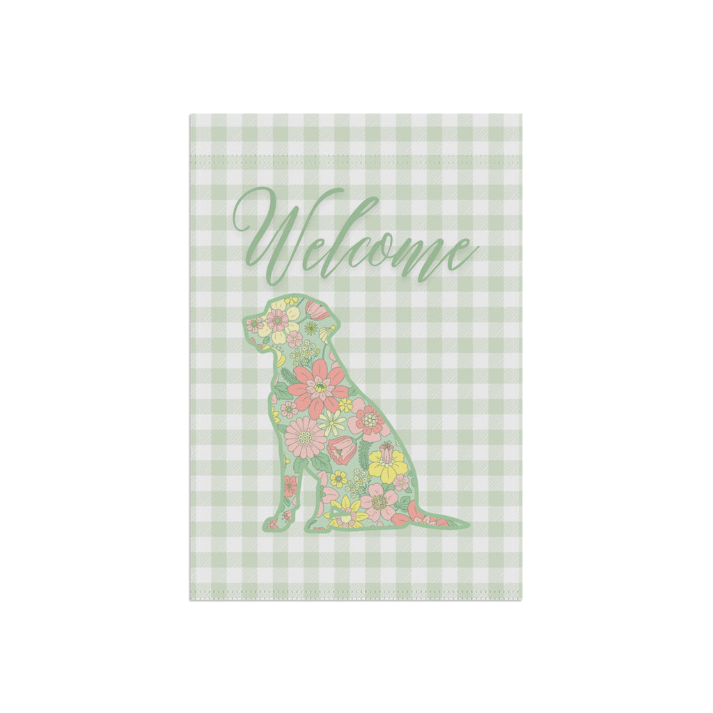 Green Gingham Labrador Retriever Welcome Garden Banner, Floral Pet Décor, Outdoor Sign, Housewarming Gift
