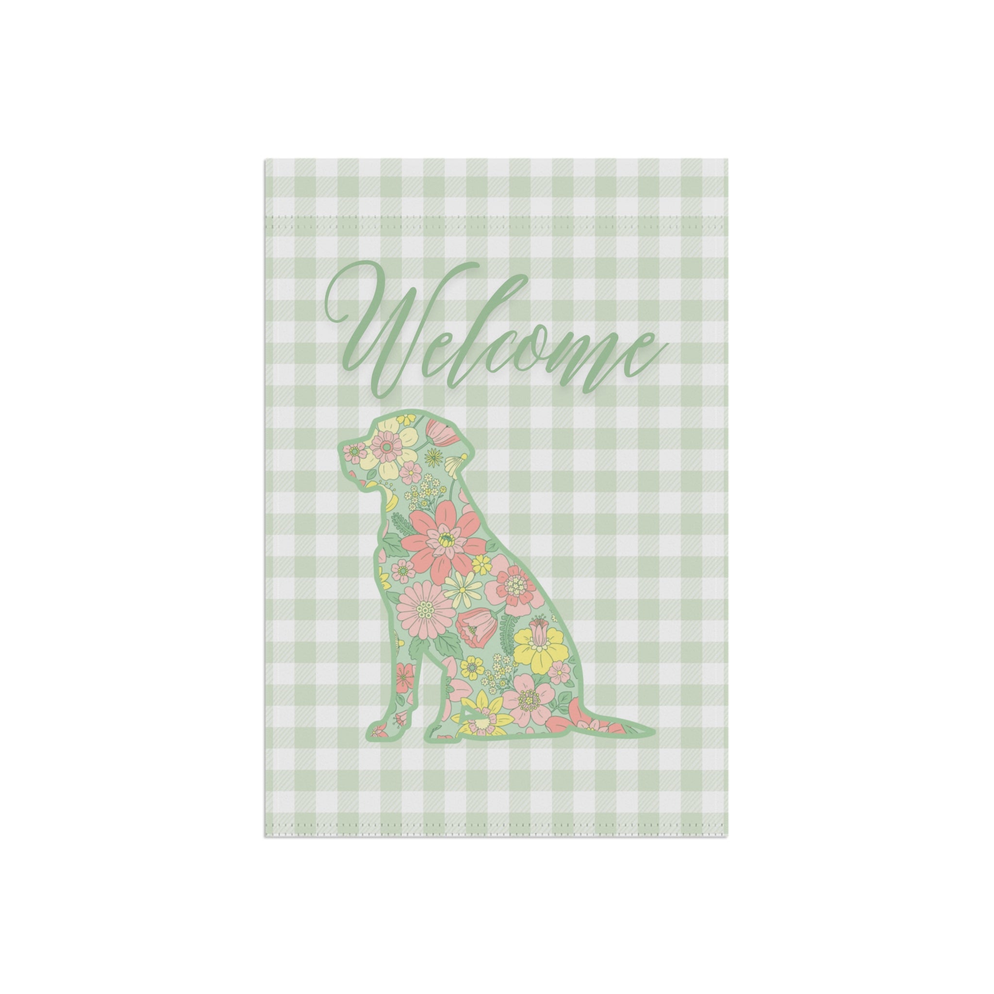 Green Gingham Labrador Retriever Welcome Garden Banner, Floral Pet Décor, Outdoor Sign, Housewarming Gift