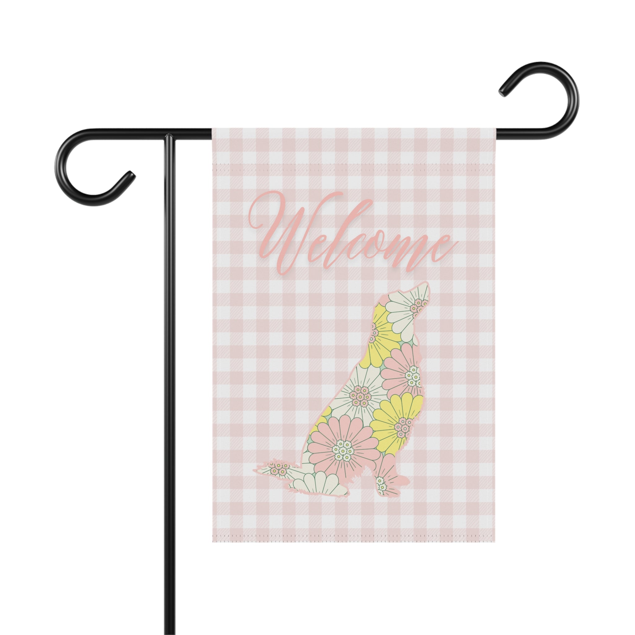 Pink Gingham Golden Retriever Welcome Garden Banner, Floral Pet Décor, Outdoor Sign, Housewarming Gift
