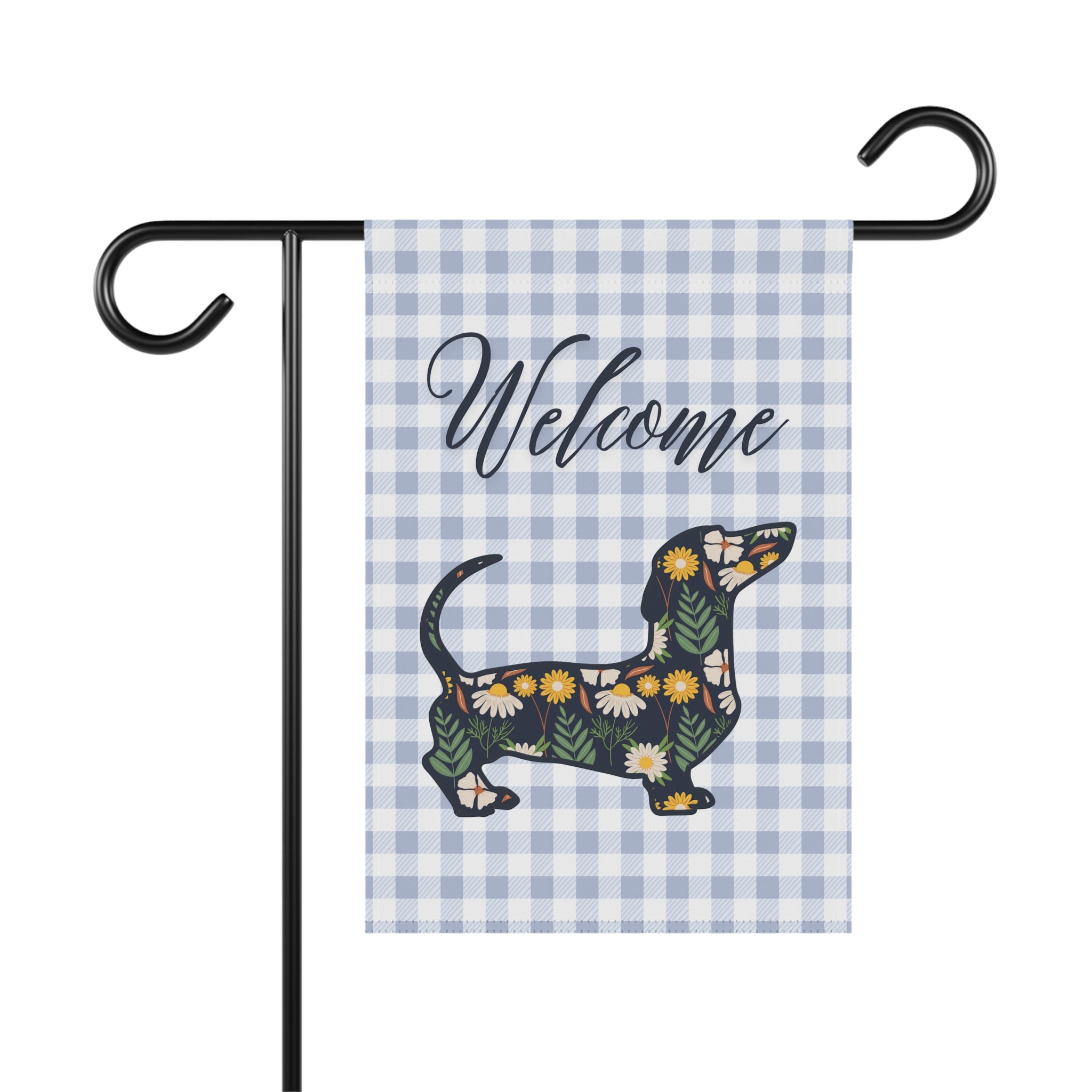 Blue Gingham Dachshund Welcome Garden Banner, Floral Pet Décor, Outdoor Sign, Housewarming Gift