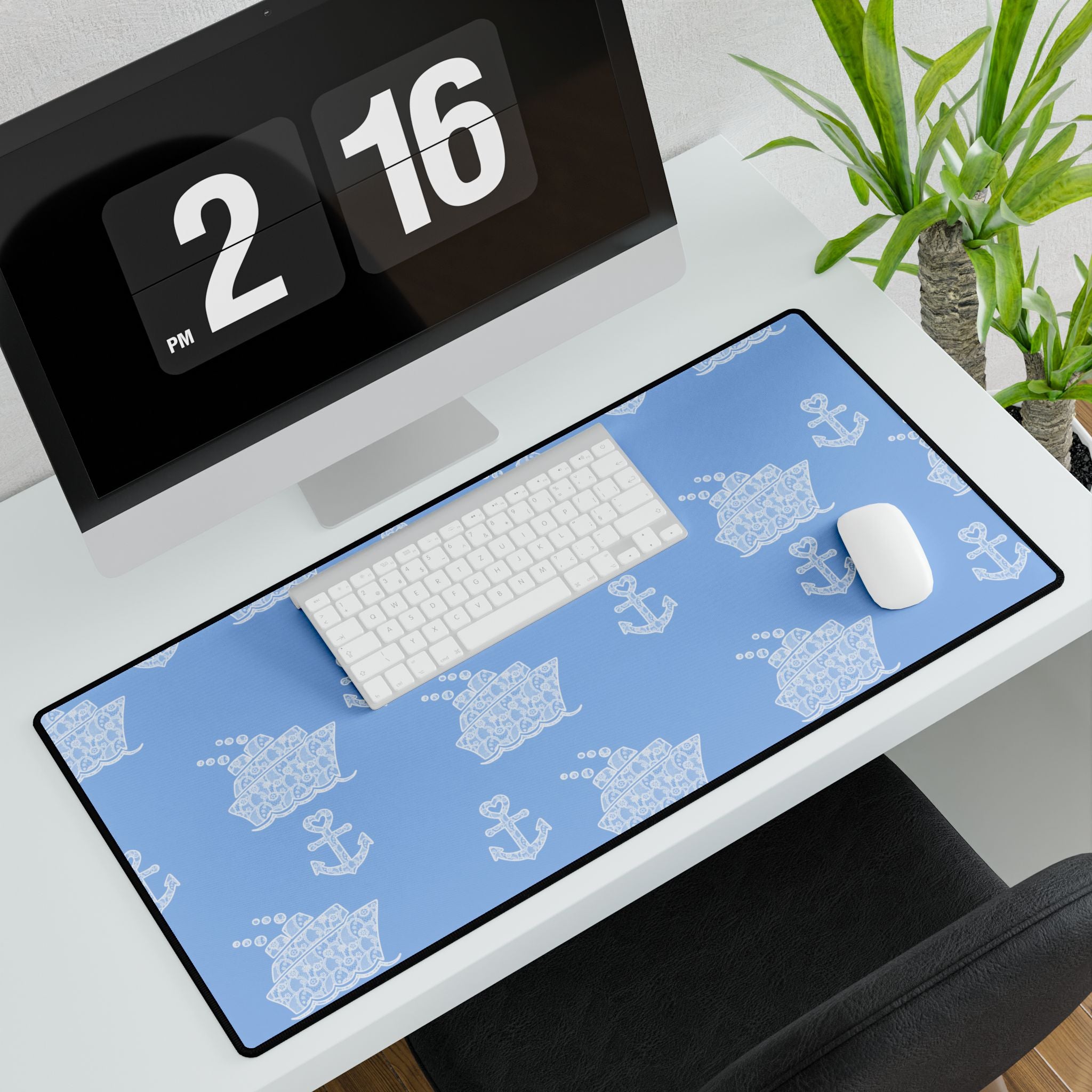 Baby Blue Cruise Ship Desk Mats and Mouse pads with White Lace Anchors and Ships, Office Decor, Cruise Gifts, Home Workspace