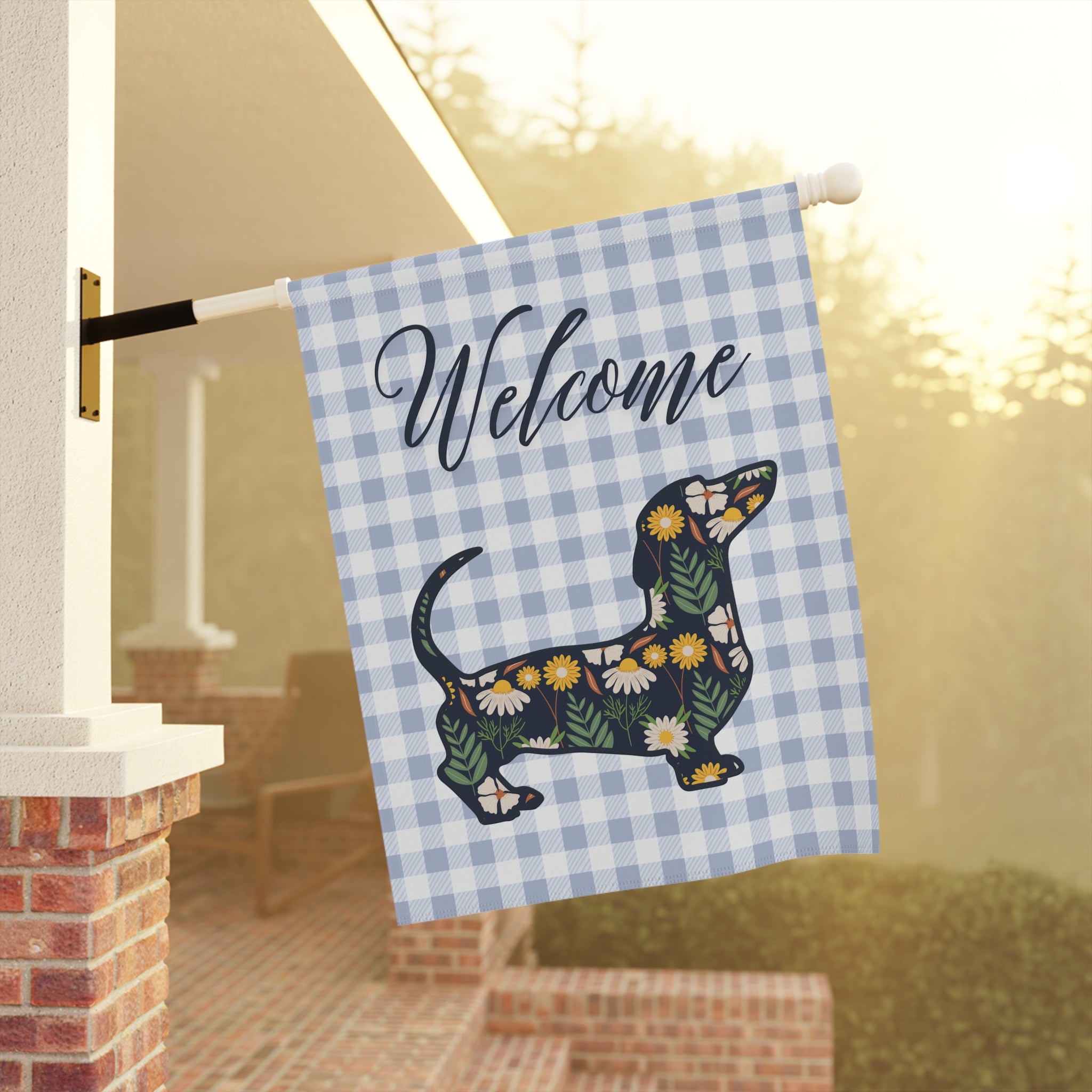 Blue Gingham Dachshund Welcome Garden Banner, Floral Pet Décor, Outdoor Sign, Housewarming Gift