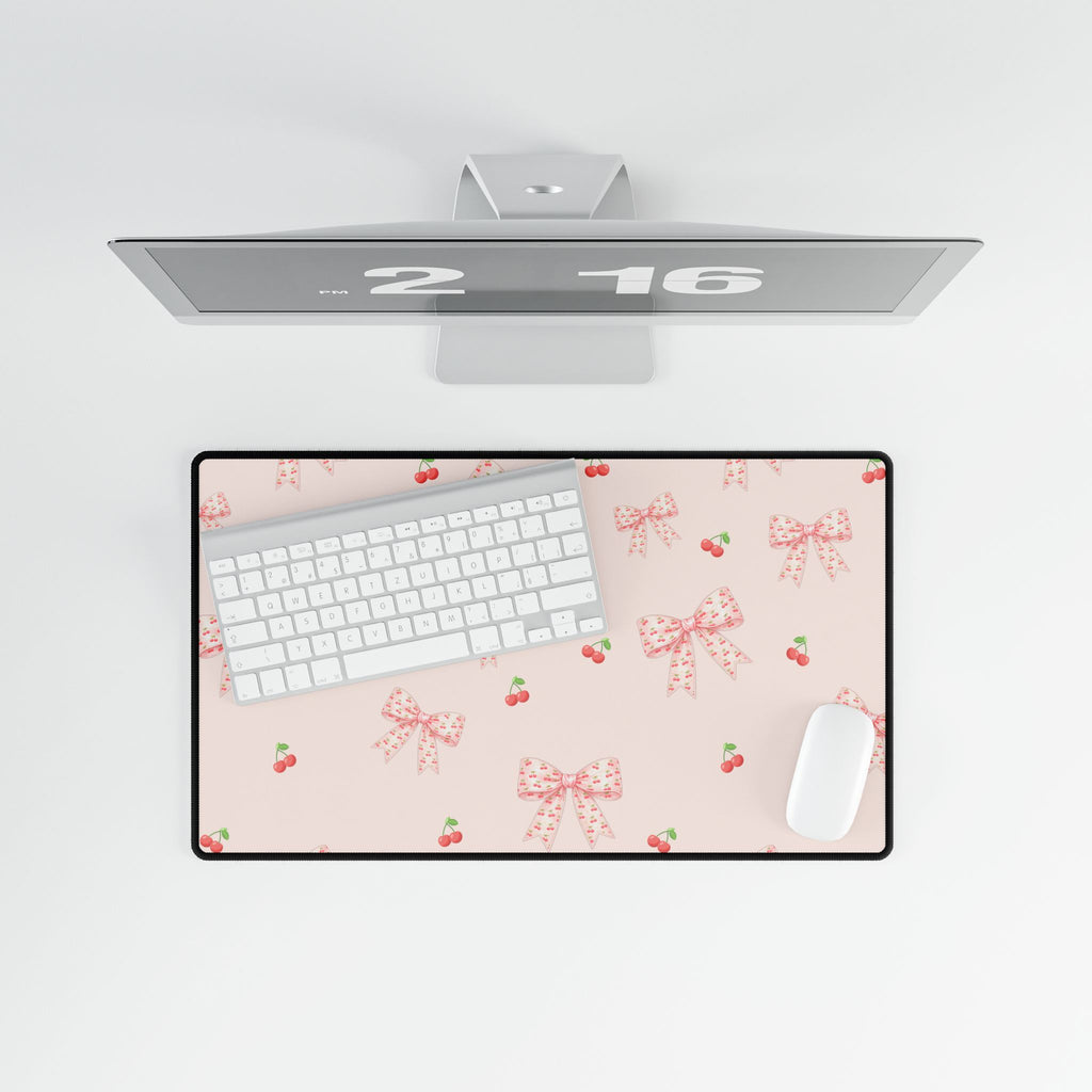 Cherries and Bows On Pink Desk Mats and Mouse pads, Office Decor, Birthday Gifts, Home Workspace