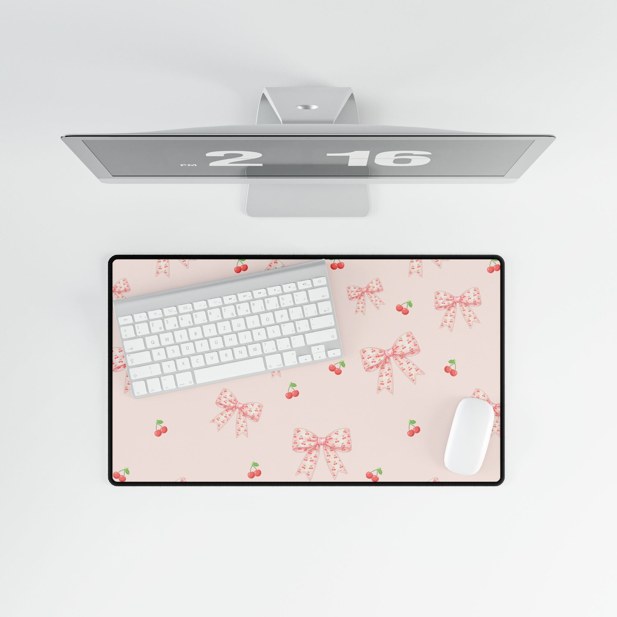 Cherries and Bows On Pink Desk Mats and Mouse pads, Office Decor, Birthday Gifts, Home Workspace