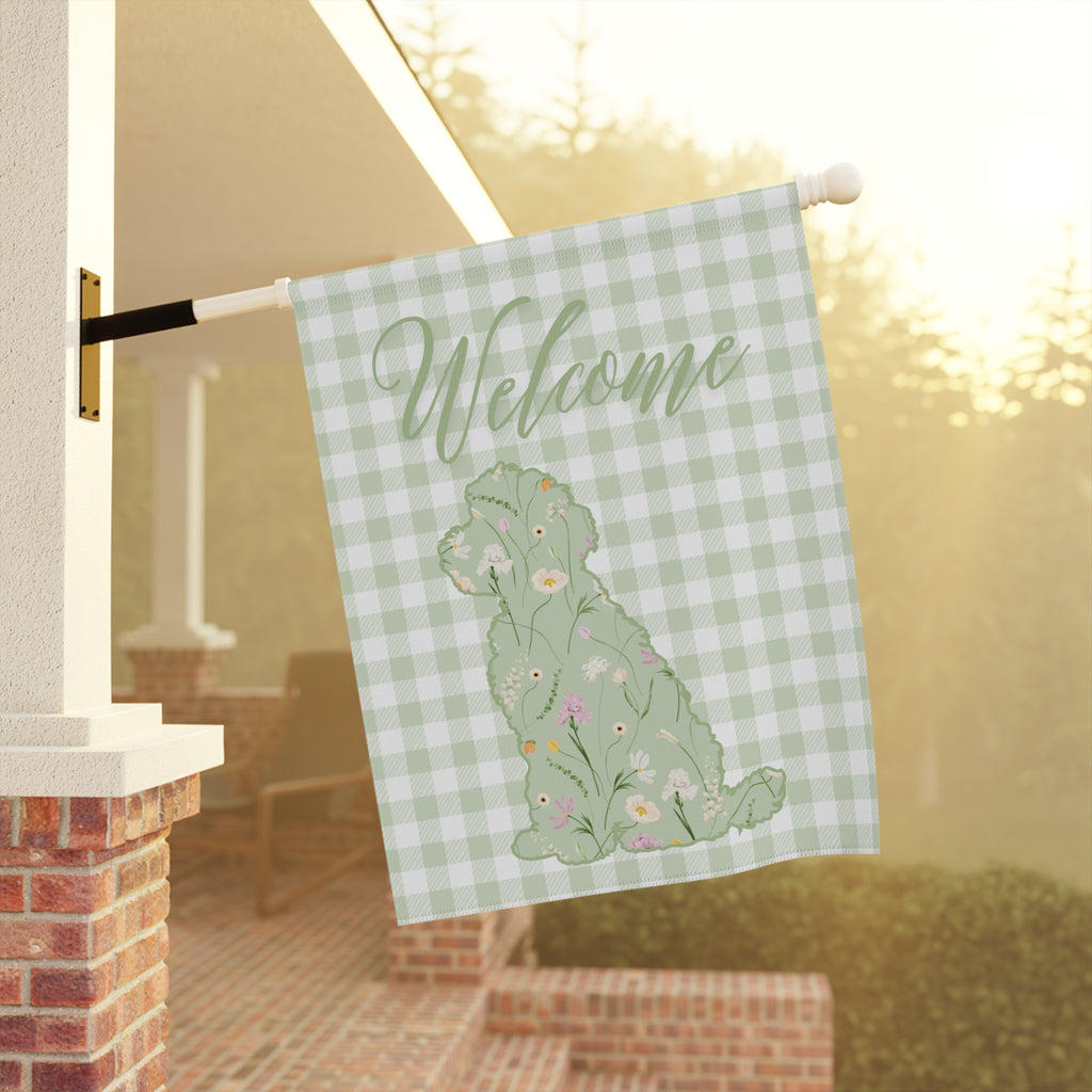 Green Gingham Labradoodle Welcome Garden Banner, Floral Pet Décor, Outdoor Sign, Housewarming Gift